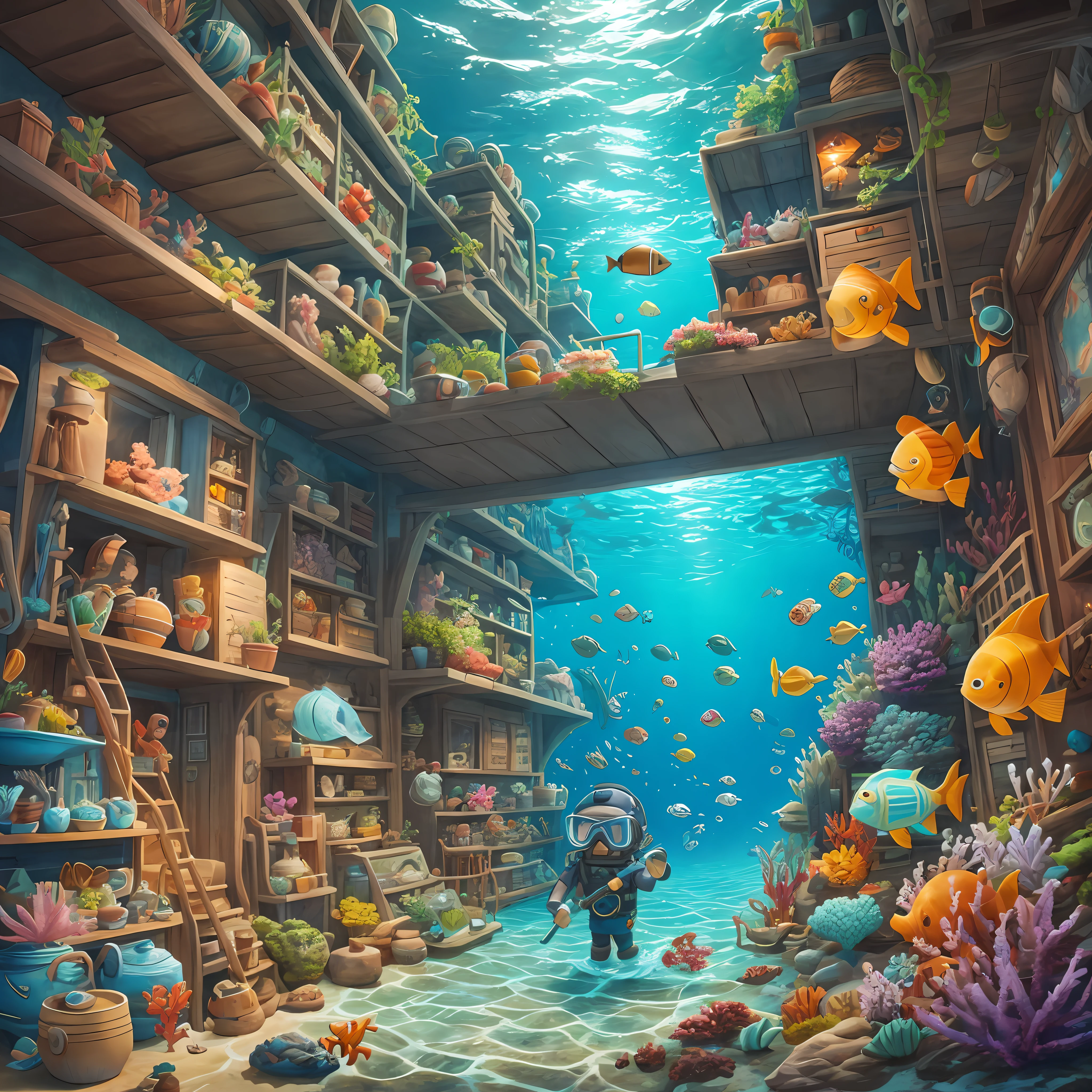Put all the surrounding cabinets with artifacts, clay pots, pottery bowls, driftwood, a diver in the deep sea holding the artifacts upstream, cute digital paintings, cartoon characters, cute 3D renderings, clay characters, clay animations, cute detailed digital art, 3D characters --auto --s2