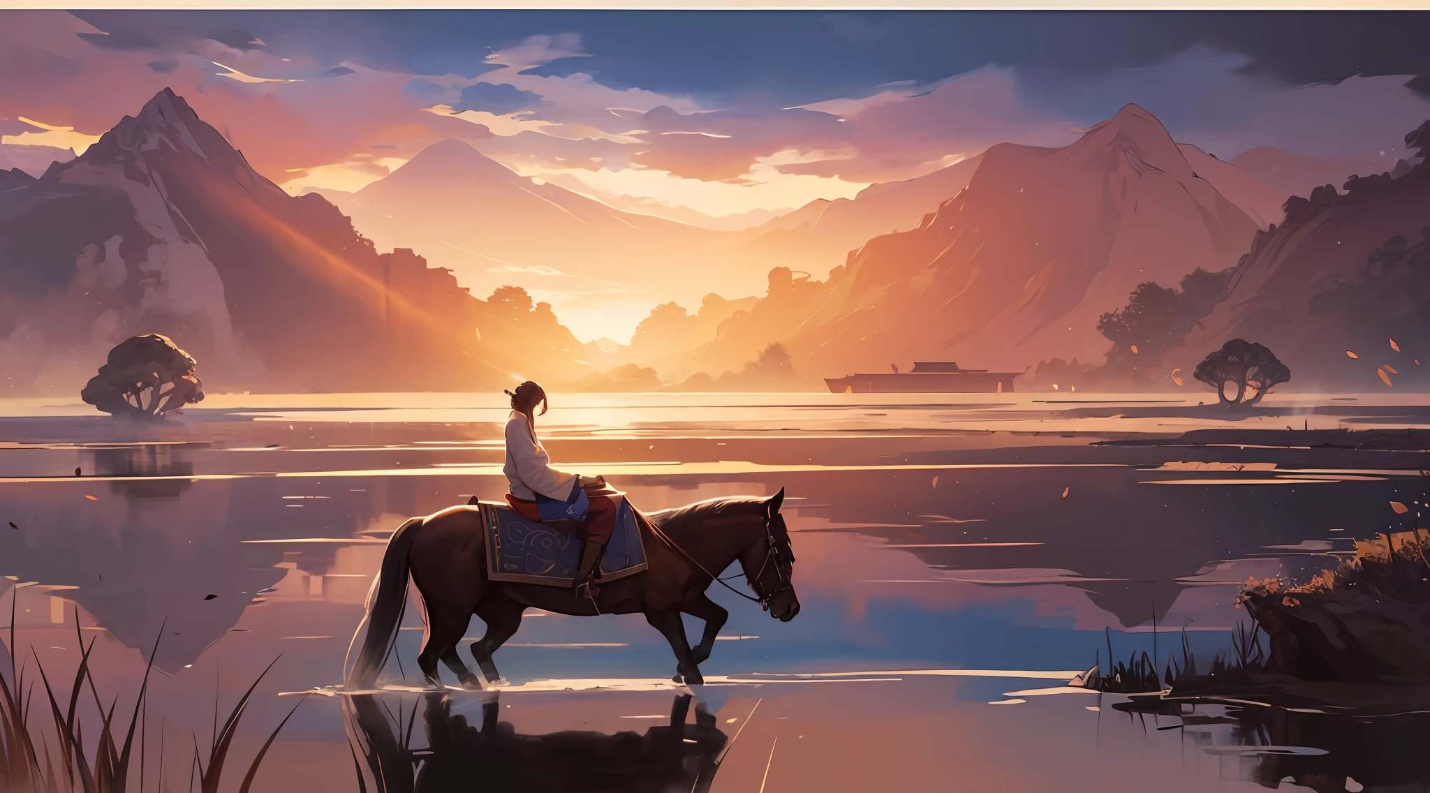 (Watercolor style, spectral art) + (Chinese ancient style picture quality, calm and high quality.) One person and one horse, Chang'an ancient road, in early autumn, willows flying, and the distant mountains on both sides of the road gradually fade into the sunset. Angle top-down, the picture is wide). (Rich and gorgeous colors in the distance) + (Smudge splash) + (Clear light and shadow swaying dynamics)