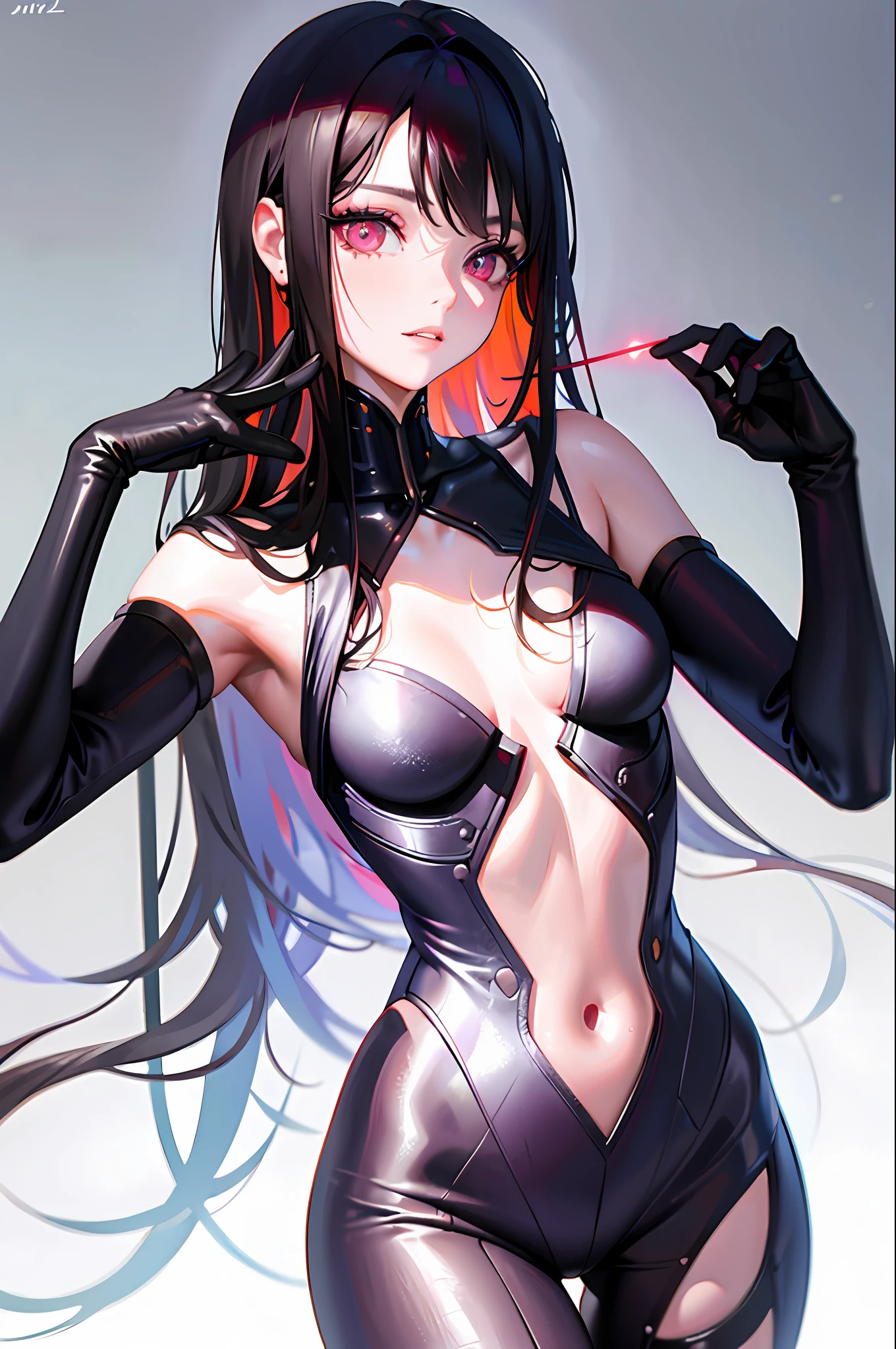 (masterpiece, sidelighting, finely detailed beautiful eyes: 1.2), (bust), (masterpiece*portrait), realistic, 3d face, lusious skin, ((solo)), perfect face, (face close-up), scarlet eyes, hanging eye angles, head and neck length 2 to 1, ((high detail skin, Visible pores)), slender figure, beautiful cyberpunk girl, small breasts, cyberpunk bodysuit, thigh root