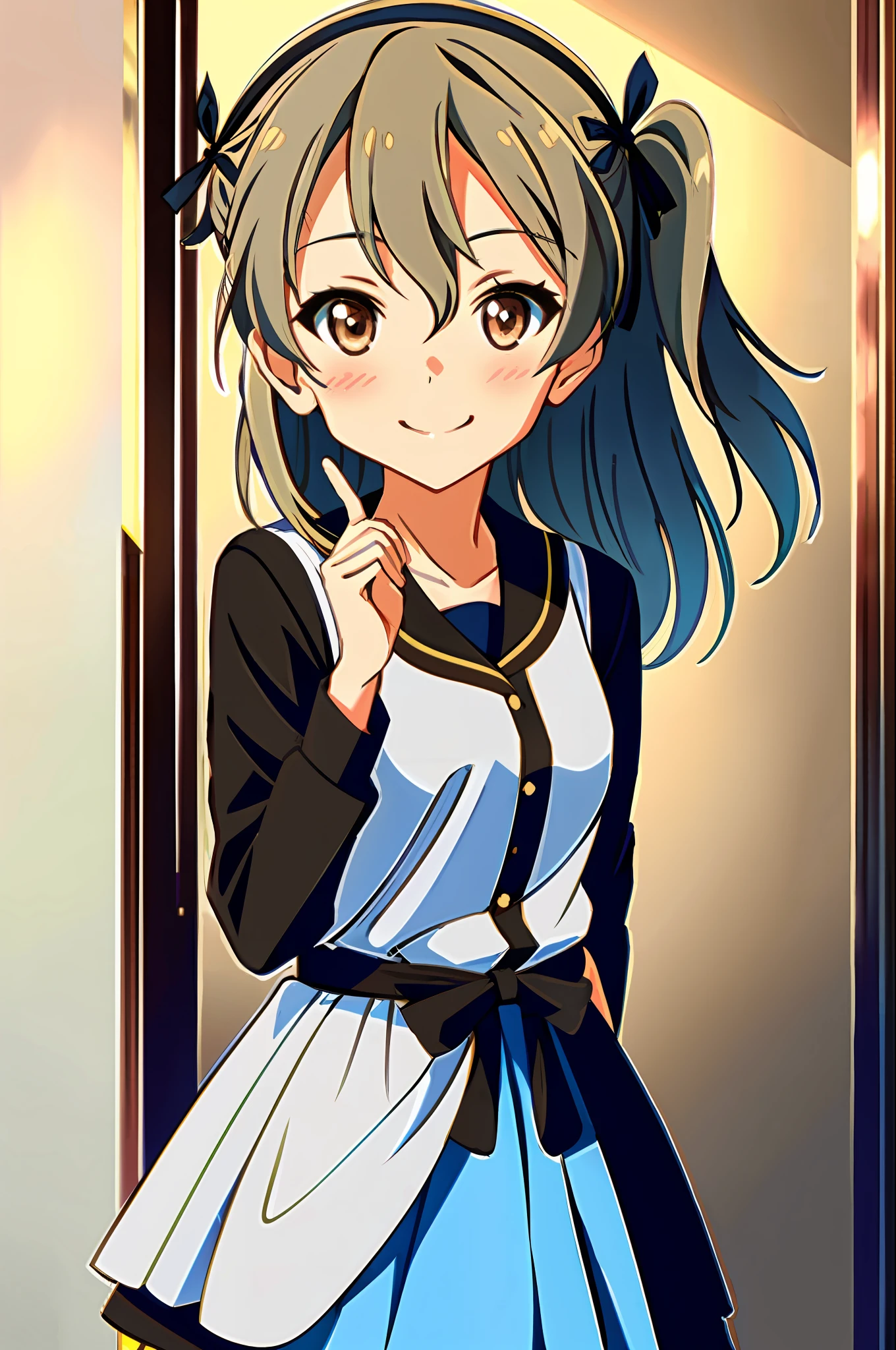 shimada arisu, 1girl, brown eyes, one side up, smile, gift, blush, box, looking at viewer, heart, standing