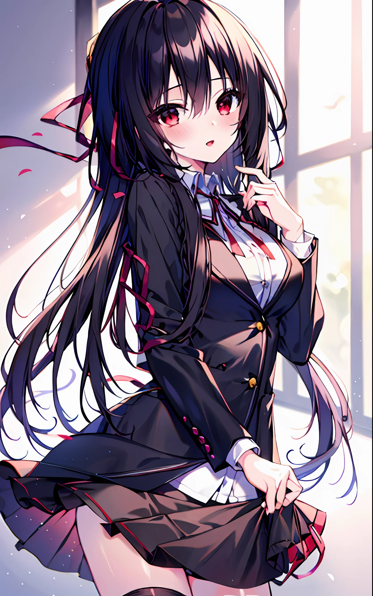 18 year old beautiful girl, masterpiece, top quality, 8K anime, detailed fingers, precise fingers, not unnatural hands, illustration, 1 girl, solo, black blazer, white shirt, red ribbon on chest, black mini skirt, KURUMI