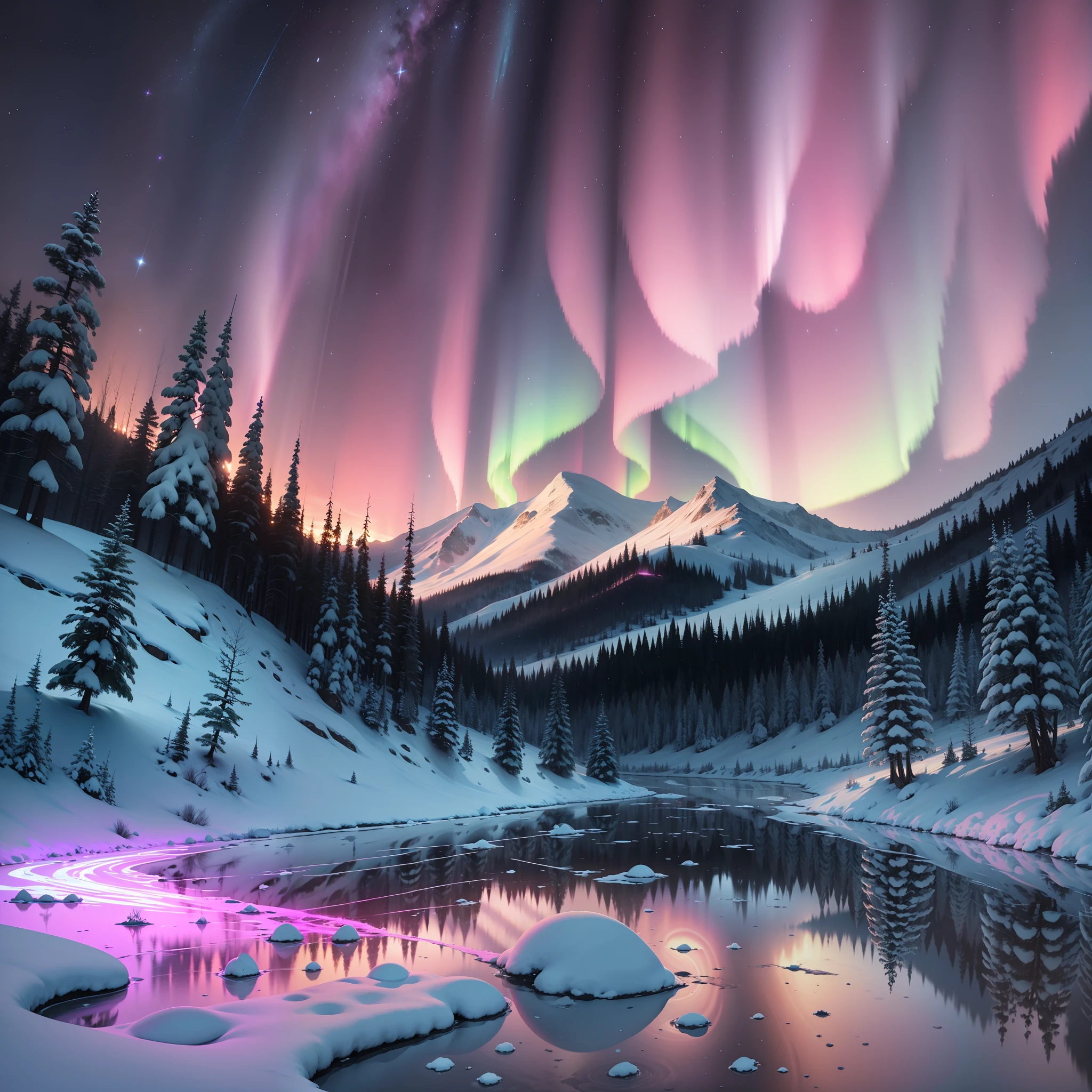 Pink aurora in white snow, snow mountain,river,snowstorm,colorful stars twinkling, Unreal Engine, 8K HD, HD. --ar 9:16 --auto --s2