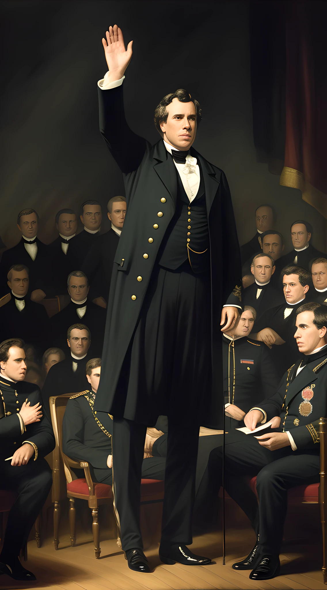 (extremely detailed and realistic rendering),historical scene, President Franklin Pierce, (period-appropriate uniform),(officers in uniform),(crowd in background),(realistic facial expressions), (accurate portrayal of scene),(2-point perspective), High contrast, (dramatic lighting), heavy shadows, (noise reduction), dynamic depth of field.