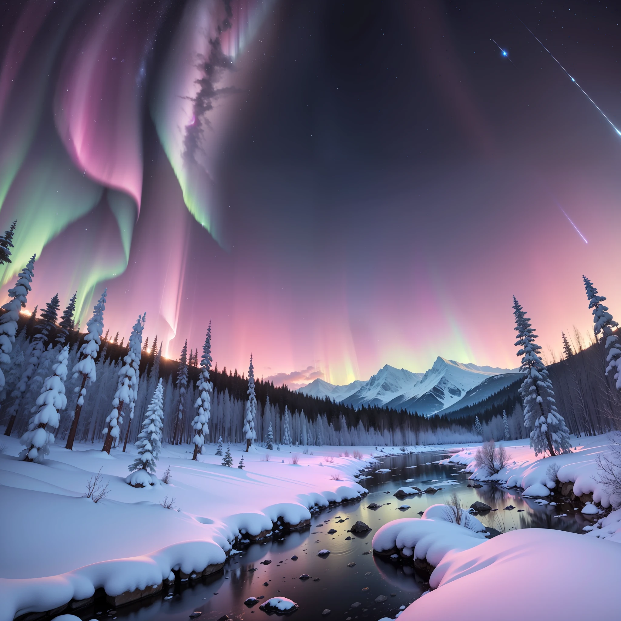 Pink aurora in white snow, snow mountain,river,snowstorm,colorful stars twinkling, Unreal Engine, 8K HD, HD. --ar 9:16 --auto --s2