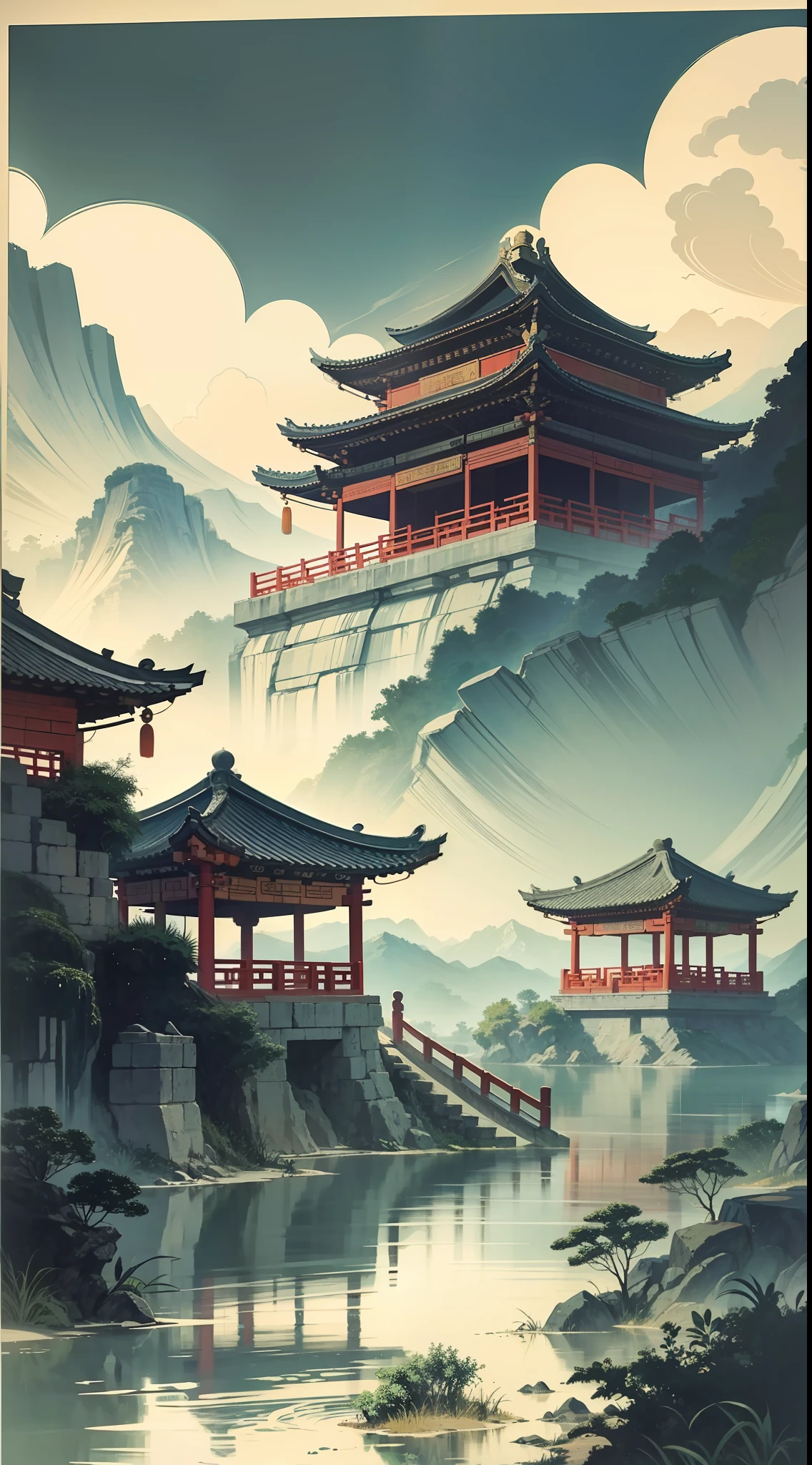 Chinese landscape, ancient Chinese architecture, pavilions, carved beams and columns, beautiful landscapes, beautiful landscapes, ink painting style, clean colors, white space, freehand, masterpiece, super detailed, epic composition, high quality, highest quality, 4k --v 6