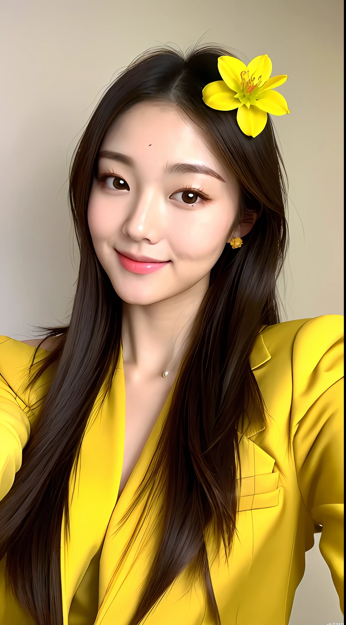 1 cute Chinese star) shoulder-length hair, light makeup, wearing a small flower on the forehead, full breasts, wearing a yellow suit, selfie, Canon EOS clear facial features, 8K high resolution, clear and realistic details.