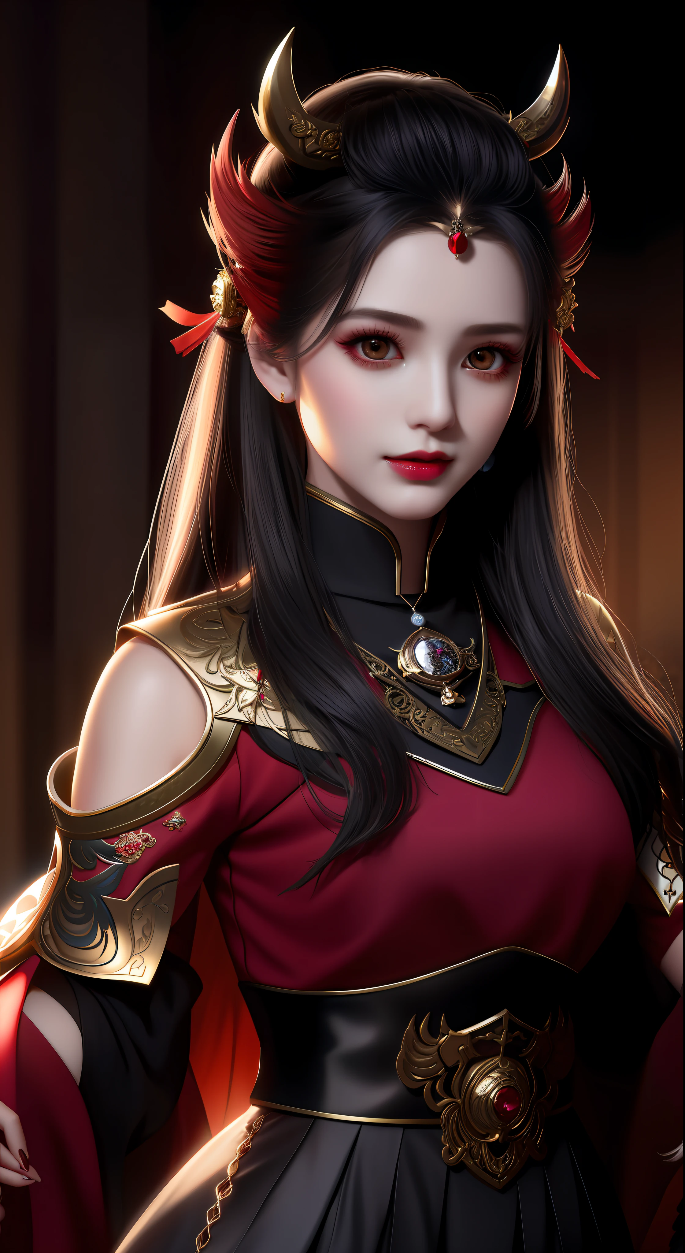 best quality, masterpiece, highres, 1girl, hanfu, white and even teeth, red irises, chinese underwear, hair ornaments, necklace, jewelry, crown jewelry. Pretty face, upper body, magic import style, tyndall effect, photo realistic, dark studio, border light, two tone light, (high detail skin: 1.2), 8k uhd, dslr , soft light, high quality, volumetric light, candid, Photo , high resolution, 4k, 8k, Bokeh, (light pink lips), 1 beautiful demon from hell, In the Dark: 1.6), surreal portraits of women by David Hockney and Alphonse Mucha, fantasy art, photorealism, dynamic lighting, station art, posters, volumetric lighting, highly detailed faces , super 8k, Awarded, in the dark, deep shadow, low light, cowboy lens, (Red phoenix shirt: 1.4), long hair, black hair, bust, luxury palace, Royal style family, devil crown, red eyes with very sharp and detailed makeup, Best face, Very round and tight breasts, Surrealism, chinese women's clothing, turtleneck polo shirt, buds charming smile, Nice eye makeup, guweiz, devil style, black mesh stockings, ponytail with a bow at the back, dark red lips, Devil tattoo on shoulder, wearing a thin slit nightg dark red chest depth, cloak, overcast and thunderous landscape, (Portrait), Protagonist Close-up, (Background detail 1.8),