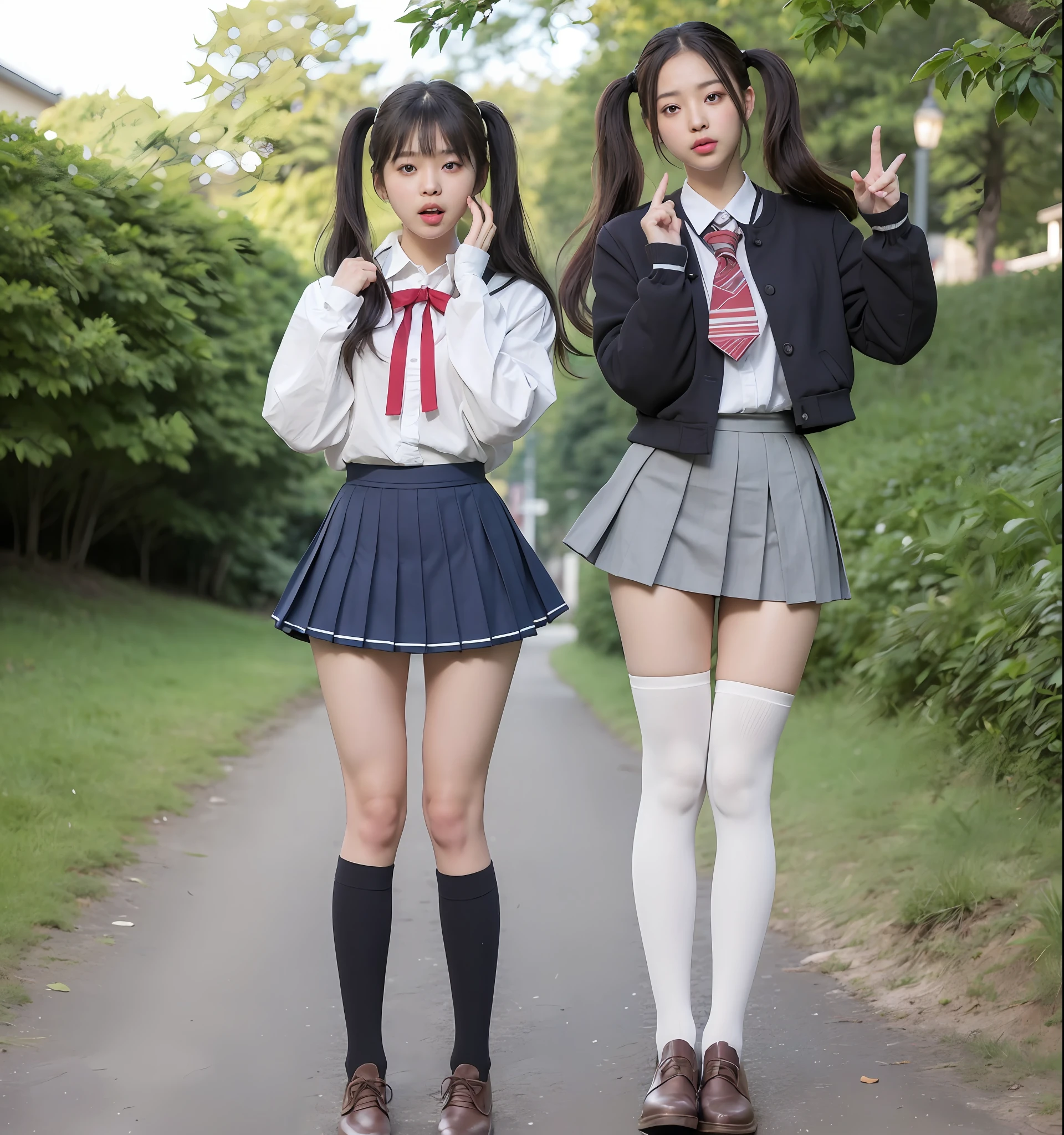 ulzzang-6500-v1.1, (Raw photo:1.2), (Photorealistic:1.4), Beautiful detailed girl, Highly detailed eyes and face, Beautiful detailed eyes, Ridiculous, Incredibly ridiculous, Huge file size, Ultra detailed, High Definition, Very detailed, Best quality, Masterpiece, Illustration, Very detailed, CG, Unification, 8k wallpaper, Fantastic, fine details, masterpiece, top quality, highly detailed cg uniform 8k wallpaper, light on face, movie lighting, 16-year-old girl, (((Japan girls' high school uniform, knee-high socks)), ((( ( dynamic pose))), ( dynamic pose))), (low twin tails,), (embarrassed, embarrassed), ((((Flips up her skirt, thigh gap))