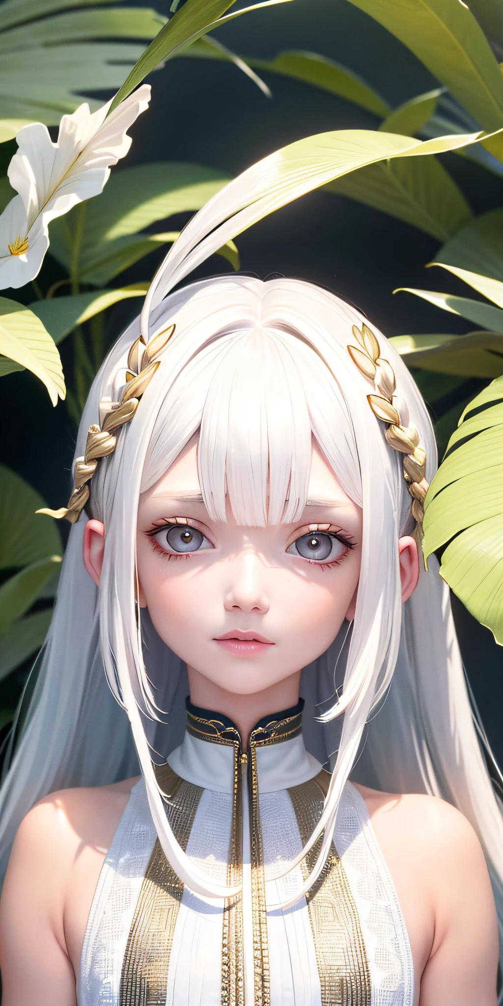 best quality, masterpiece,white hair, gold eyes,white clothes, looking up, upper body,hair strand,Fair skin,side braids