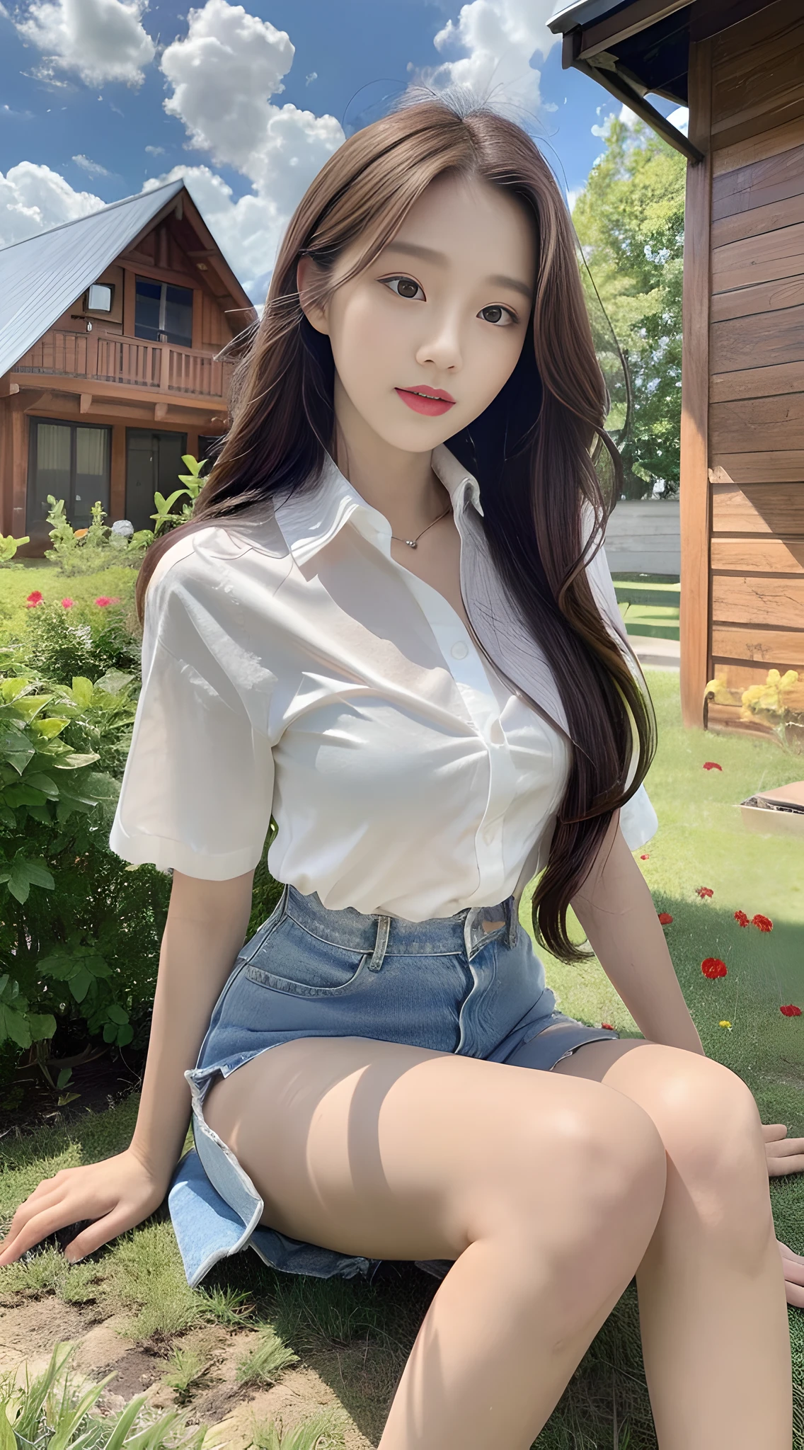 ((Best Quality, 8K, Masterpiece: 1.3)), Focus: 1.2, High Girl, Perfect S-Shaped Body, (Firm Eyes) (Cute), Delicate Face, Long Hair Waist Length, Long Flowing Hair, Tilted Head, Smile, Hair Details, Delicate Full Body Portrayal, Delicate Face Portrayal, Best Image Quality, High Resolution, Detailed Background, Delicate Description, Delicate Detail, Rich Detail, Red Lips, Face Enhancement, (Lapel Shirt), Blue Sky and White Clouds, Sitting by a Flower Bed, Wooden House, No Eye Bags Under the Eyes