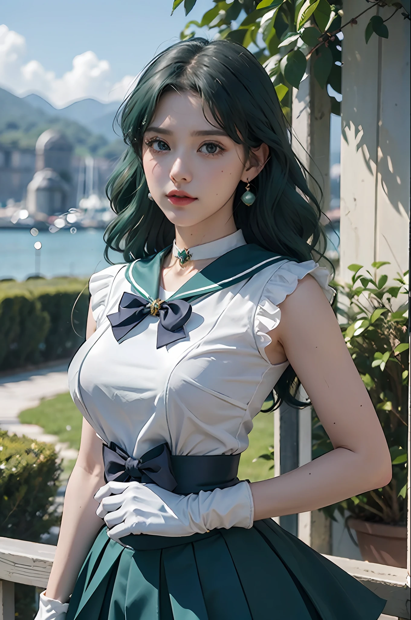 close-up, 1girl, sailor neptune, aqua eyes, dark green hair, medium hair, (sailor senshi uniform:1.1), plead skirt, bow, dynamic posture, Dynamic background, , best quality, masterpiece, high resolution, intricate details, (( realistic )), photographic, earrings, jewelry, white gloves, Medium breast, full body, white gloves, sailor collar