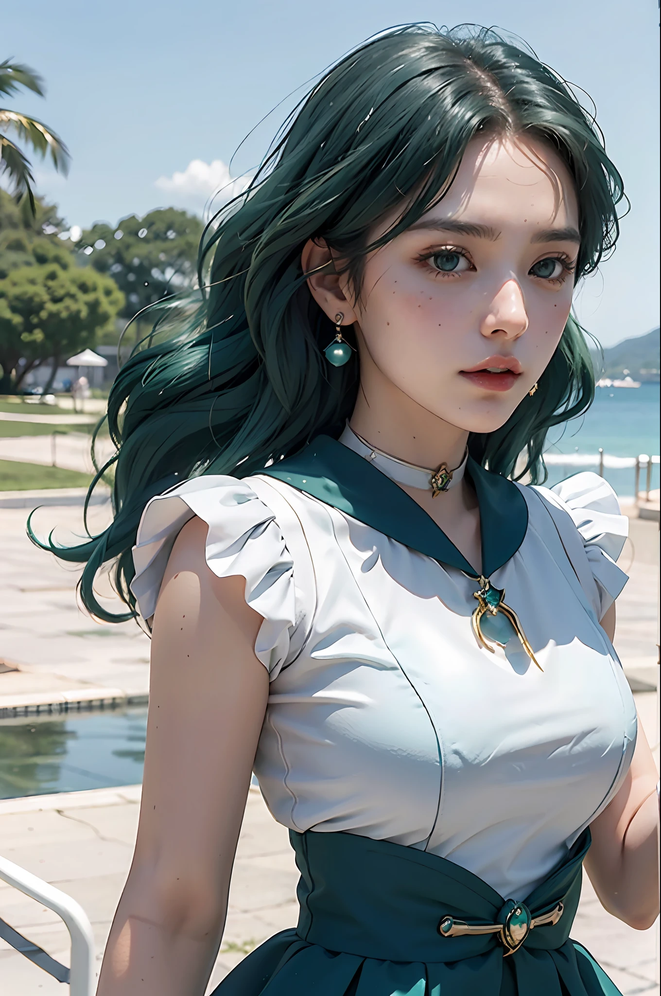 close-up, 1girl, sailor neptune, aqua eyes, dark green hair, medium hair, (sailor senshi uniform:1.1), plead skirt, bow, dynamic posture, Dynamic background, , best quality, masterpiece, high resolution, intricate details, (( realistic )), photographic, earrings, jewelry, white gloves, Medium breast, full body, white gloves, sailor collar