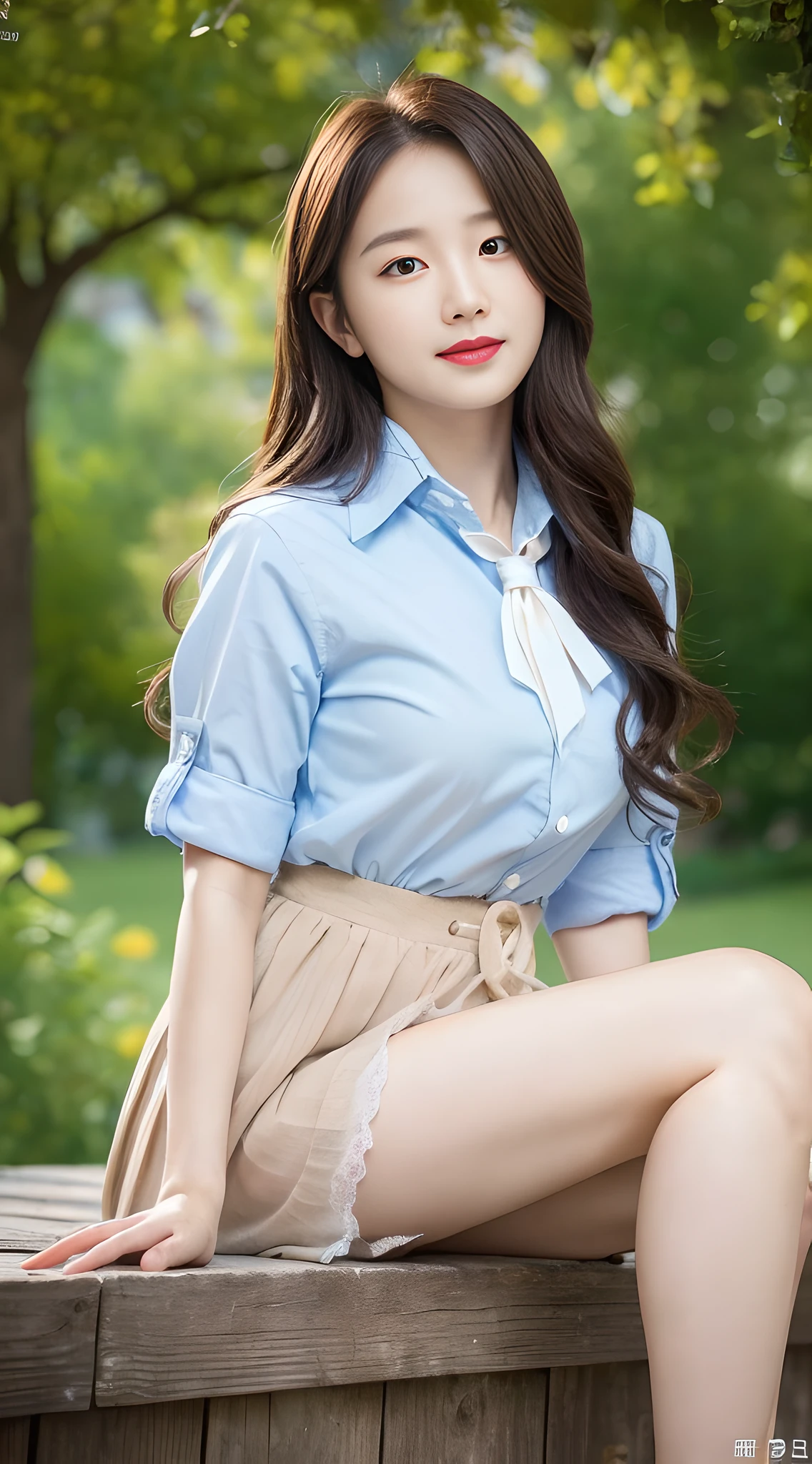 ((Best Quality, 8K, Masterpiece: 1.3)), Focus: 1.2, High School Girl, Perfect S-Shaped Body, (Firm Eyes) (Cute), Delicate Face, Long Hair Waist Length, Long Flowing Hair, Tilted Head, Smile, Hair Details, Delicate Full Body Portrayal, Delicate Face Portrayal, Best Image Quality, High Resolution, Detailed Background, Delicate Description, Delicate Detail, Rich Detail, Red Lips, Face Enhancement, (Lapel Shirt), Blue Sky and White Clouds, Sitting by a Flower Bed, Wooden House, No Eye Bags Under the Eyes