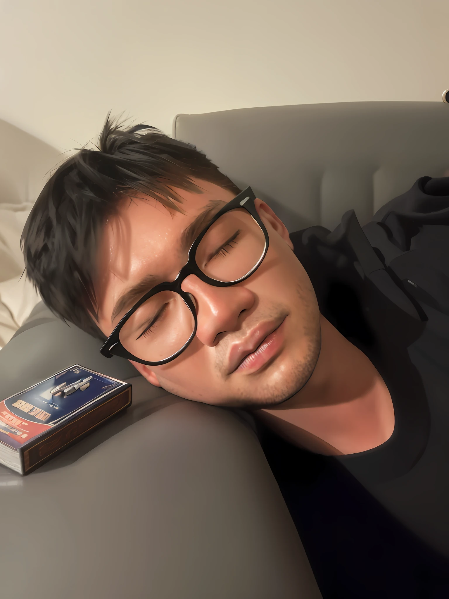 arafed man laying on a couch with a book and a remote control, sleepy expression, sleepy eyes, tired and drunk, passed out, looking tired, relaxing after a hard day, happily tired, tired half closed, poorly lit, he is very relaxed, lazy eye, 2 , 2 3 years old old, tired fac