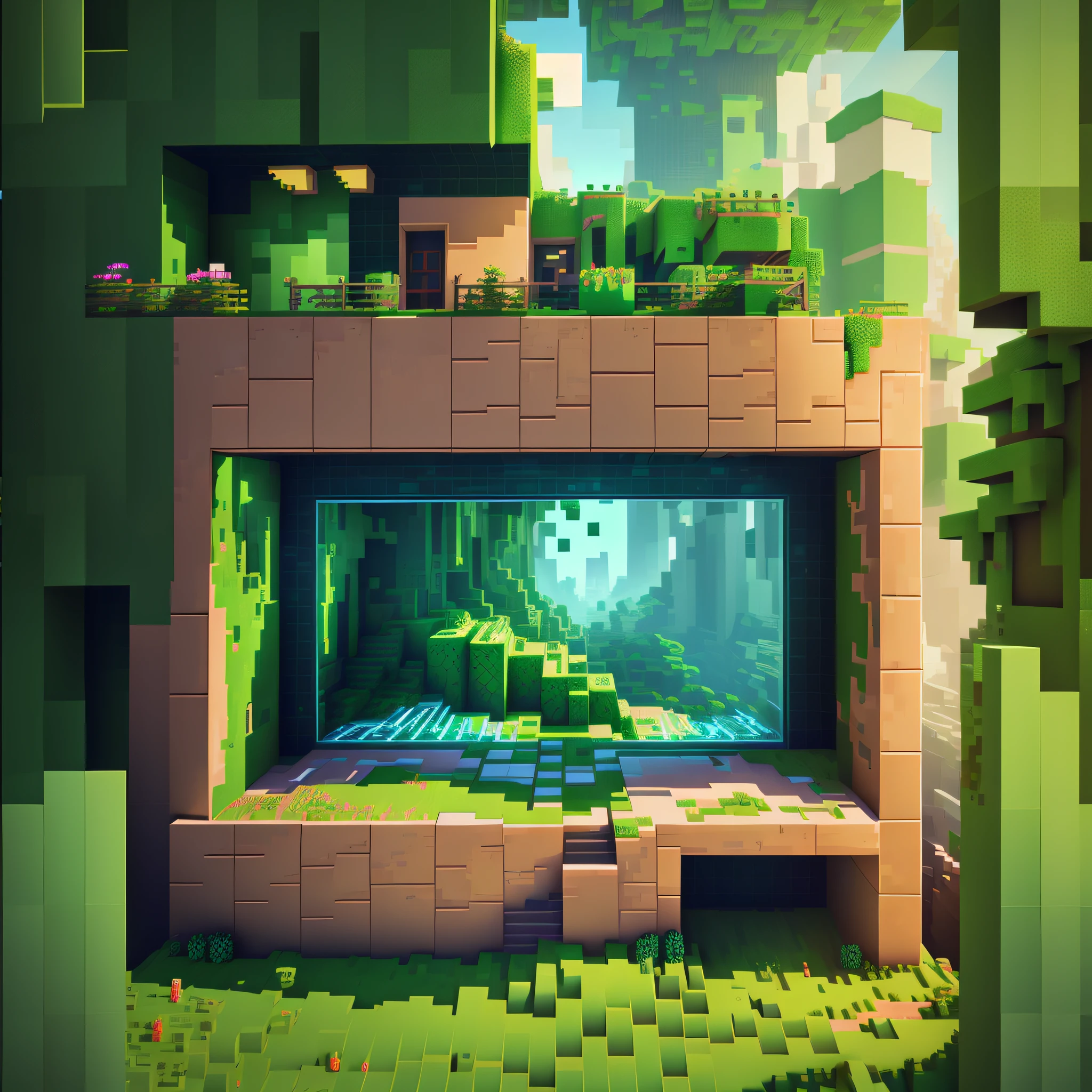 there is a pixel art of a building with a green screen, high quality voxel art, voxel art, 8k render”, daily render, stylized 3d render, super detailed render, 3 d videogame render, voxel based world, detailed 4k render, overgrown with shiny blobs, adventure hyper realistic render, minecraft landscape