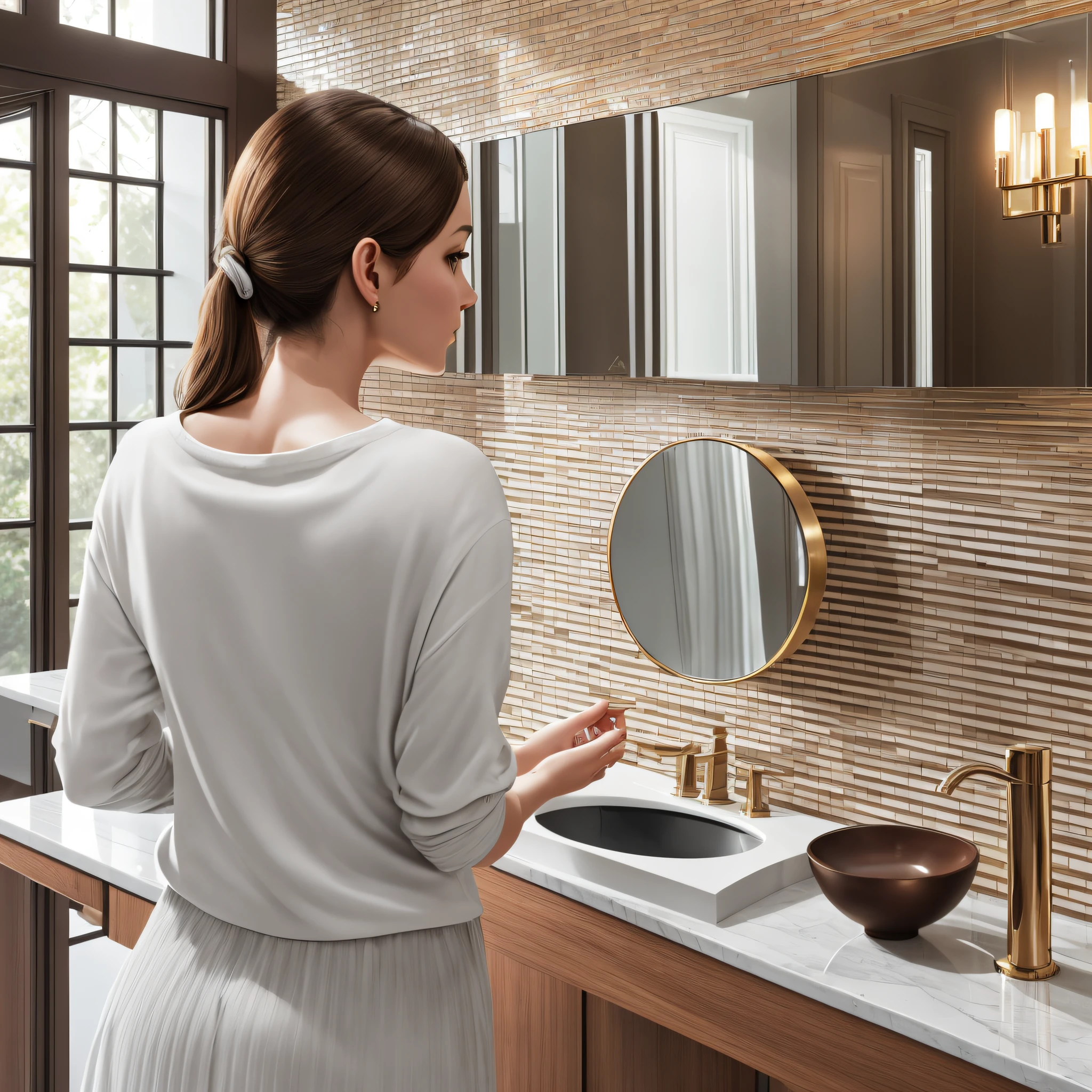 a circular intelligent luminous mirror on the wooden bathroom cabinet，beautiful European lady standing in front of the mirror， fingers lightly touching the surface of the mirror，a wall behind her in the background，modern bathroom, super realistic, warm tone, natural lighting, stone flooring, exquisite furniture, glass partition, artistic decoration, gray decoration, highly detailed, head up angle, central composition, high detail, high resolution --auto --s2