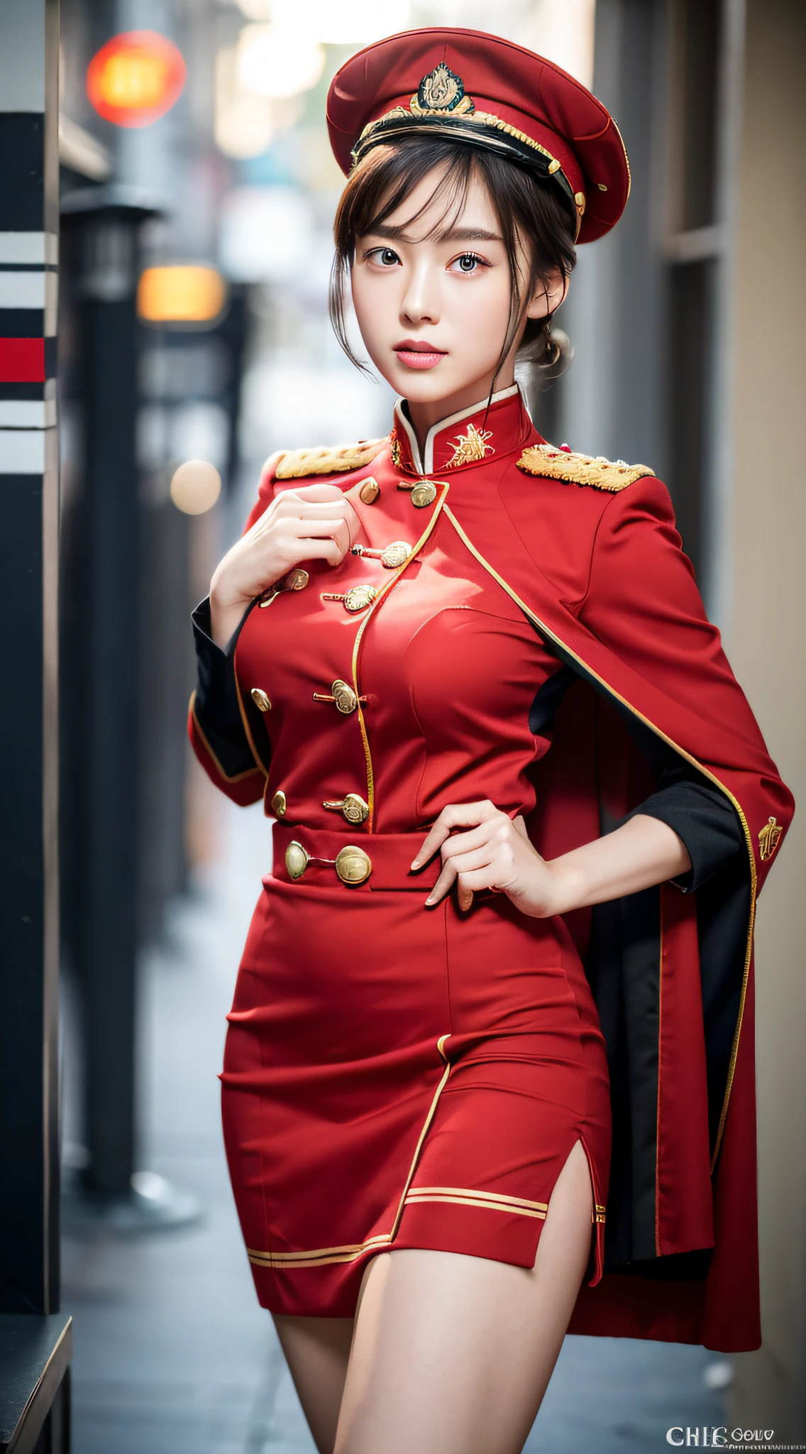 ((Realistic lighting, Masterpiece: 1.3)), (raw photo:1.2), Hyperrealist portrait Beautiful Chinese girl, 20 years old, ((pale skin: 1.6)), beautiful eyes, very detailed eyes and face, (full real formal crimson red military uniform), (crimson red pencil skirt), (military cap), ((high rank)), military cape, charming serious face, natural makeup: 1.2, (military standing pose), chignon hair style, Best quality, 8K, professional photography, (full body), street background