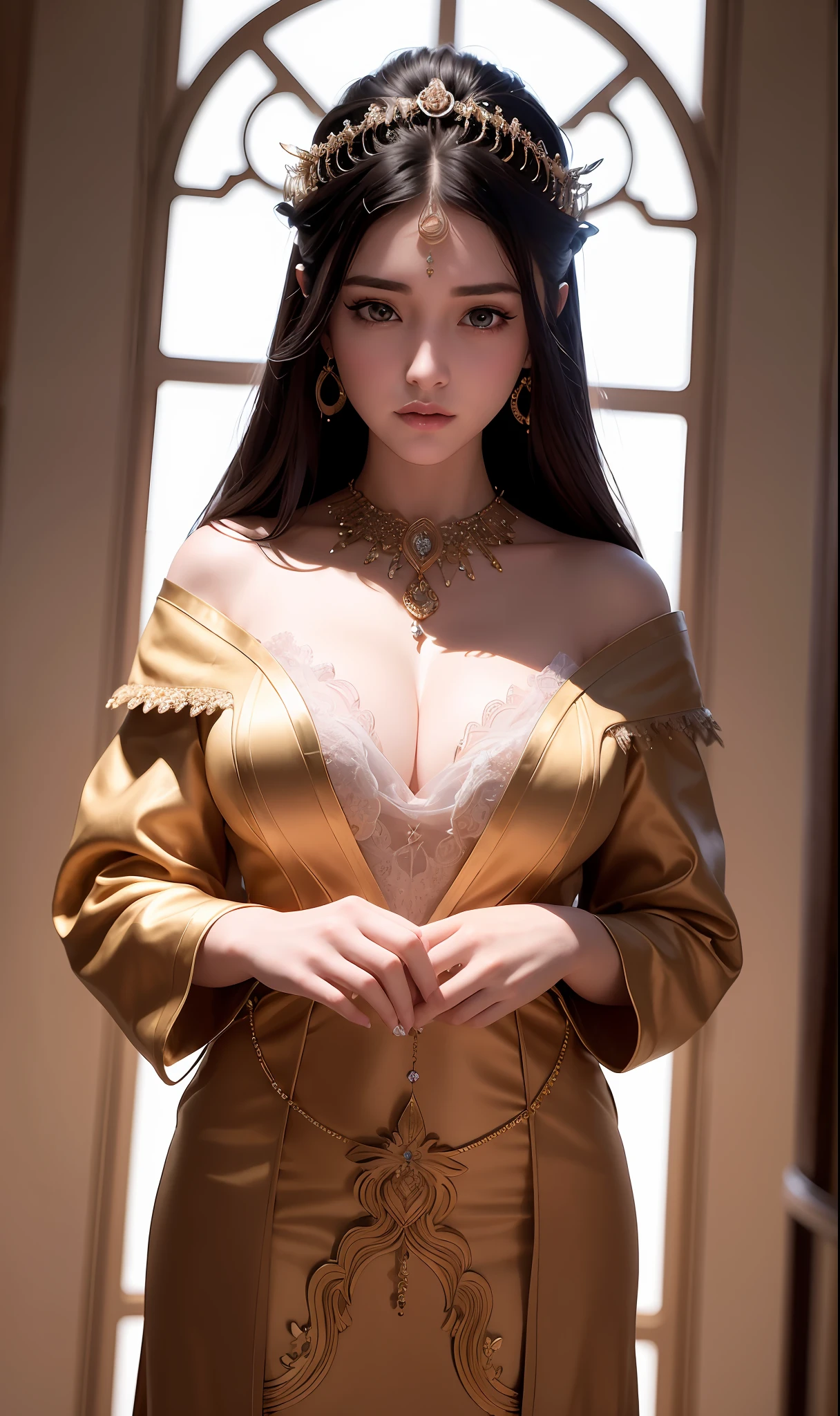 1 girl,best quality ,masterpiece, illustration, an extremely delicate and beautiful, extremely detailed ,CG ,unity ,8k wallpaper, Amazing, finely detail, masterpiece,best quality,official art,extremely detailed CG unity 8k wallpaper,absurdres, incredibly absurdres, huge filesize , ultra-detailed, highres, extremely detailed,beautiful detailed girl, extremely detailed eyes and face, beautiful detailed eyes,light on face, circlet, cleavage, real face, standing, natural face, clothes with texture, earrings, eyelashes, hair_ornament, jewelry, soft lighting,cinematic lighting , Baotou head,