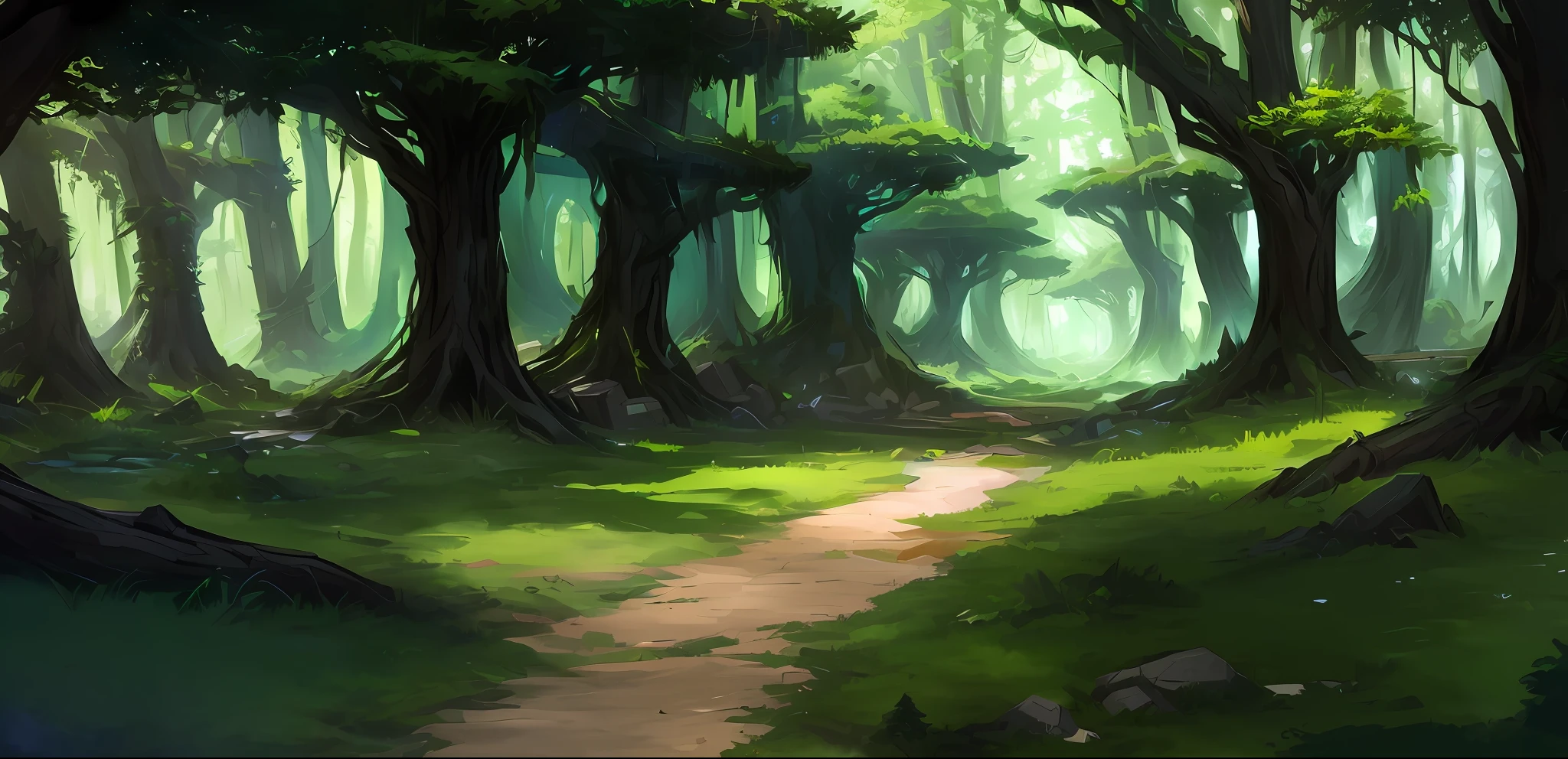 anime, forest, path, grass, trees, grass, digital art, digital painting, background art, painted as a game concept art, elf forest background, background artwork, stylized concept art, environment concept art, fantasy forest environment, vast forest, environment and concept art, environment painting, environment art, league of legends concept art, rpg background
