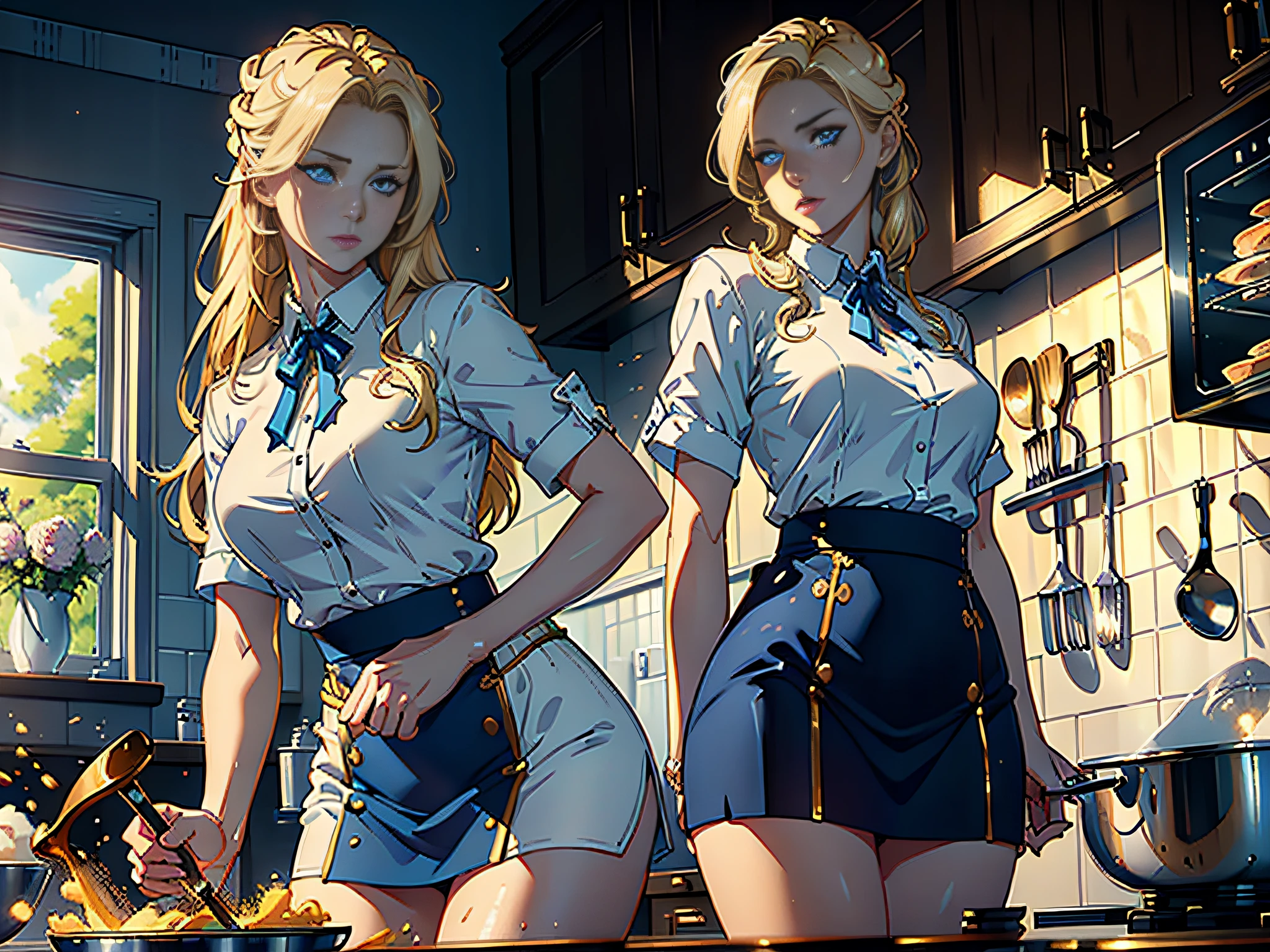 ((Masterpiece)), (Best Quality)), 8K, HD, Super Detail, (Woman), (White Shirt), (Golden Hair), (Hip Wrapped Skirt) (Blue Eyes) (Cooking in the kitchen) The artwork is a masterpiece, with the best quality and super detail, captured in 8K HD. Photographic realistic, realistic, very detailed illustrations realistic, octane rendering