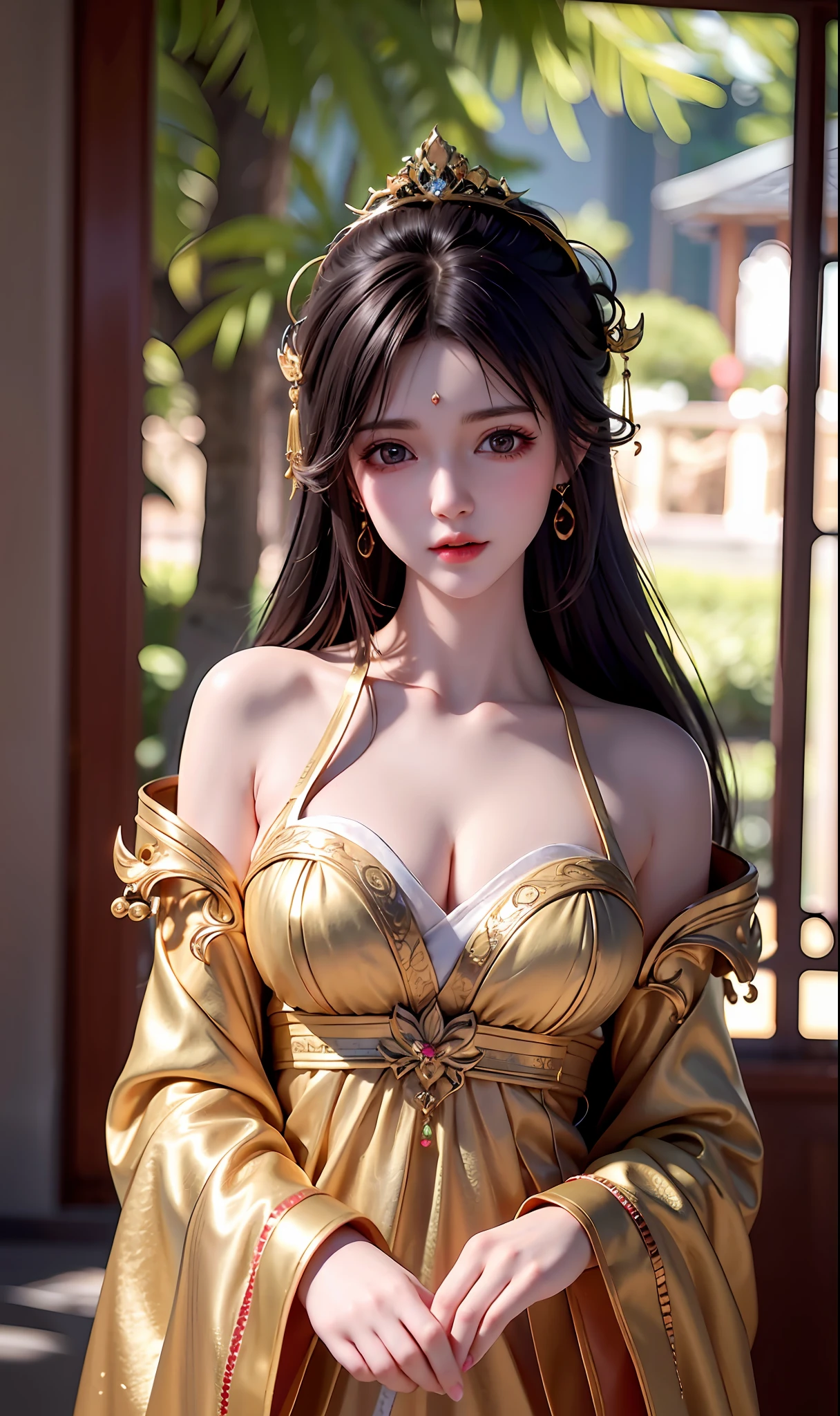 1 girl,best quality ,masterpiece, illustration, an extremely delicate and beautiful, extremely detailed ,CG ,unity ,8k wallpaper, Amazing, finely detail, masterpiece,best quality,official art,extremely detailed CG unity 8k wallpaper,absurdres, incredibly absurdres, huge filesize , ultra-detailed, highres, extremely detailed,beautiful detailed girl, extremely detailed eyes and face, beautiful detailed eyes,light on face, circlet, cleavage, real face, standing, natural face, clothes with texture, earrings, eyelashes, hair_ornament, jewelry, soft lighting,cinematic lighting , Baotou head,