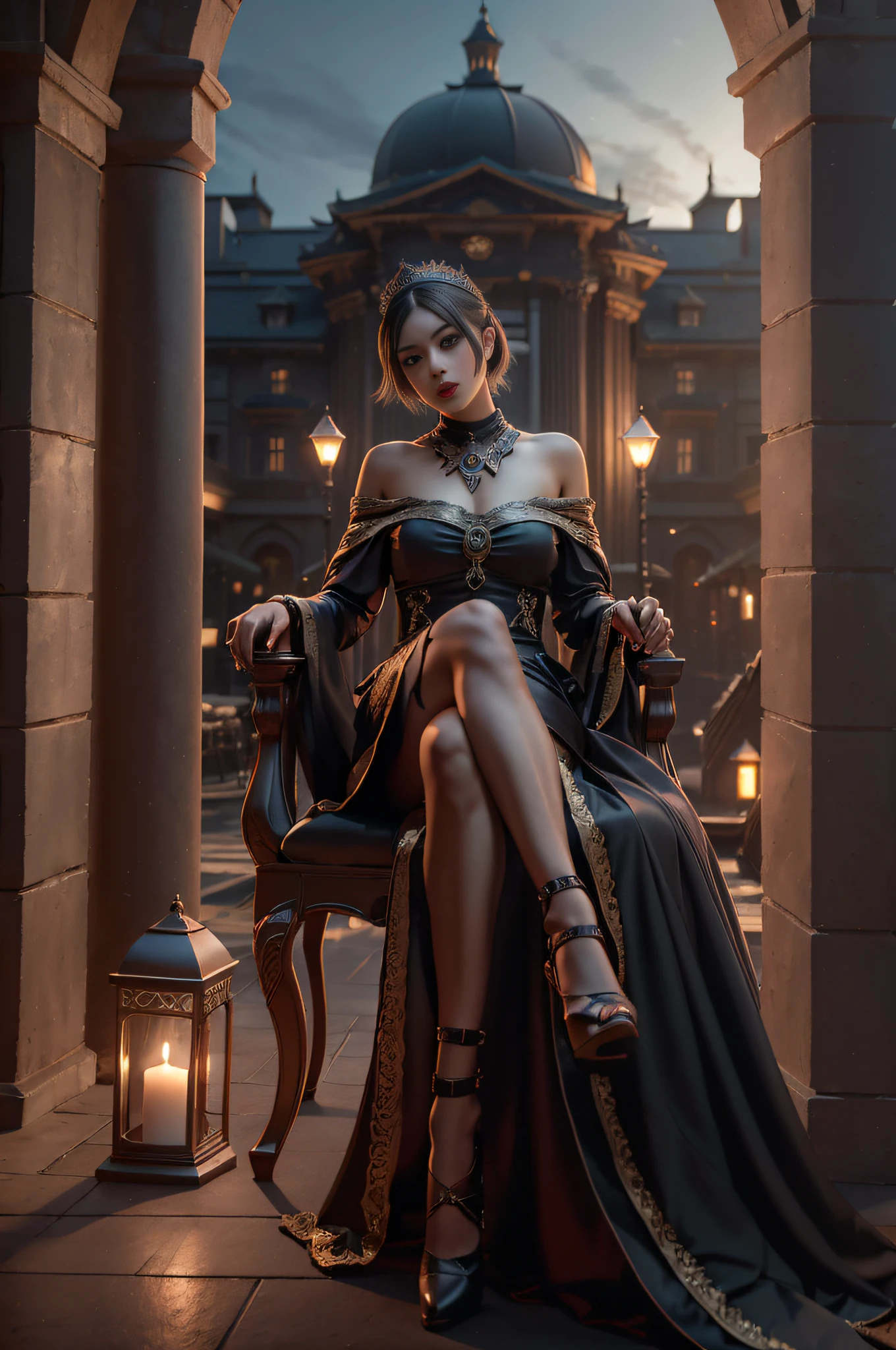 Long hair, dark outdoor background, baroque, dark night environment, gothic art, legs crossed, legs crossed, premium tones, dark style, goddess, caparison cloth, queen, sitting on gorgeous chair, pair of long legs, stocking legs, girl, red lips, 8k, masterpiece, best quality, art book, game_cg, wallpaper, 8k, ultra definition, rtx, octane, (no_light:1), (no shadow: 0.5), flood illumination, glowing eyes, Lips apart, imposing majestic palace background, short hair girl, short hair girl, short hair girl