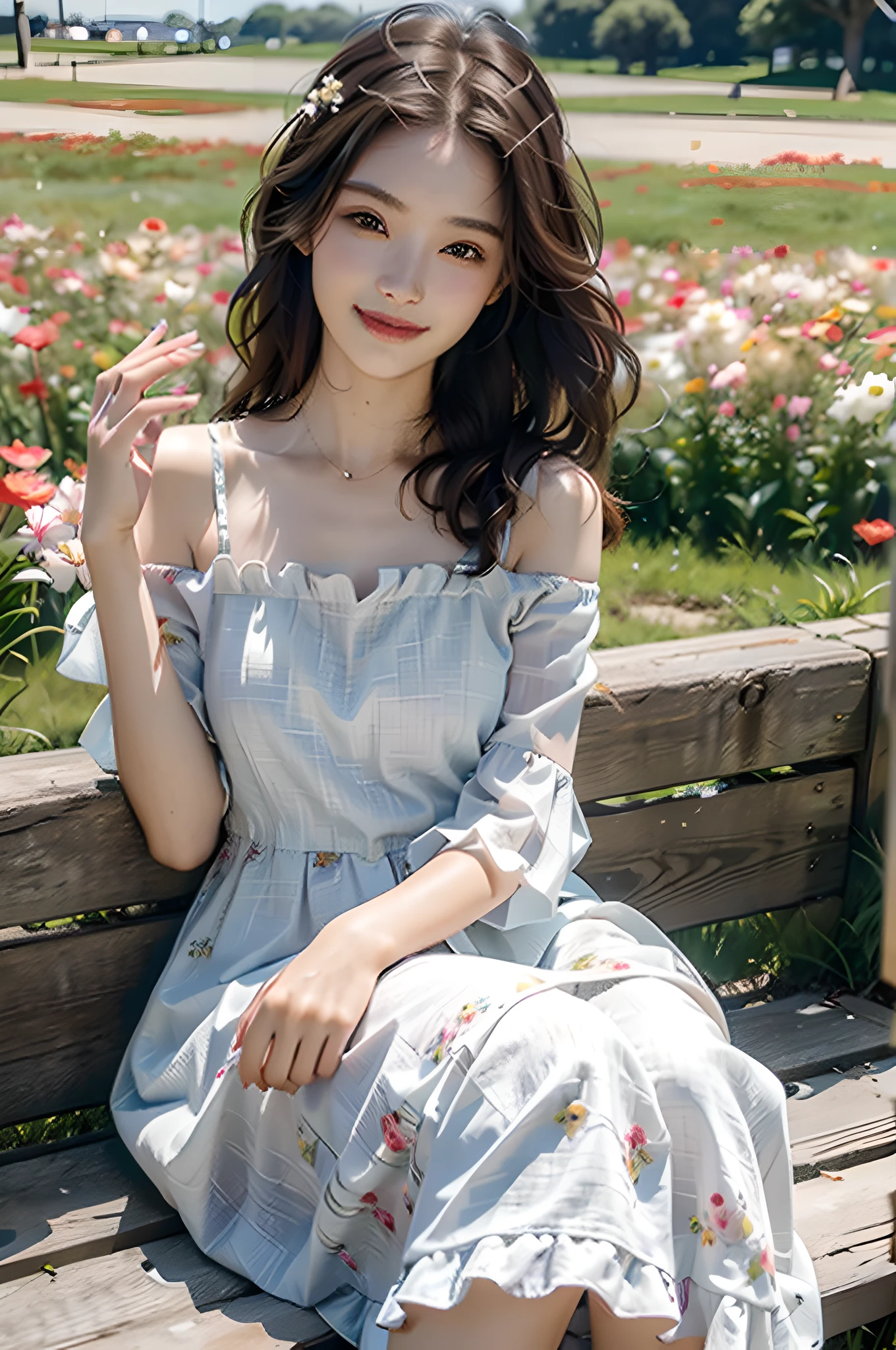 Best quality, masterpiece, ultra high res, (photorealistic:1.4), raw photo, 1girl, dress, off shoulder, blossom flower field, glowing skin, light smile