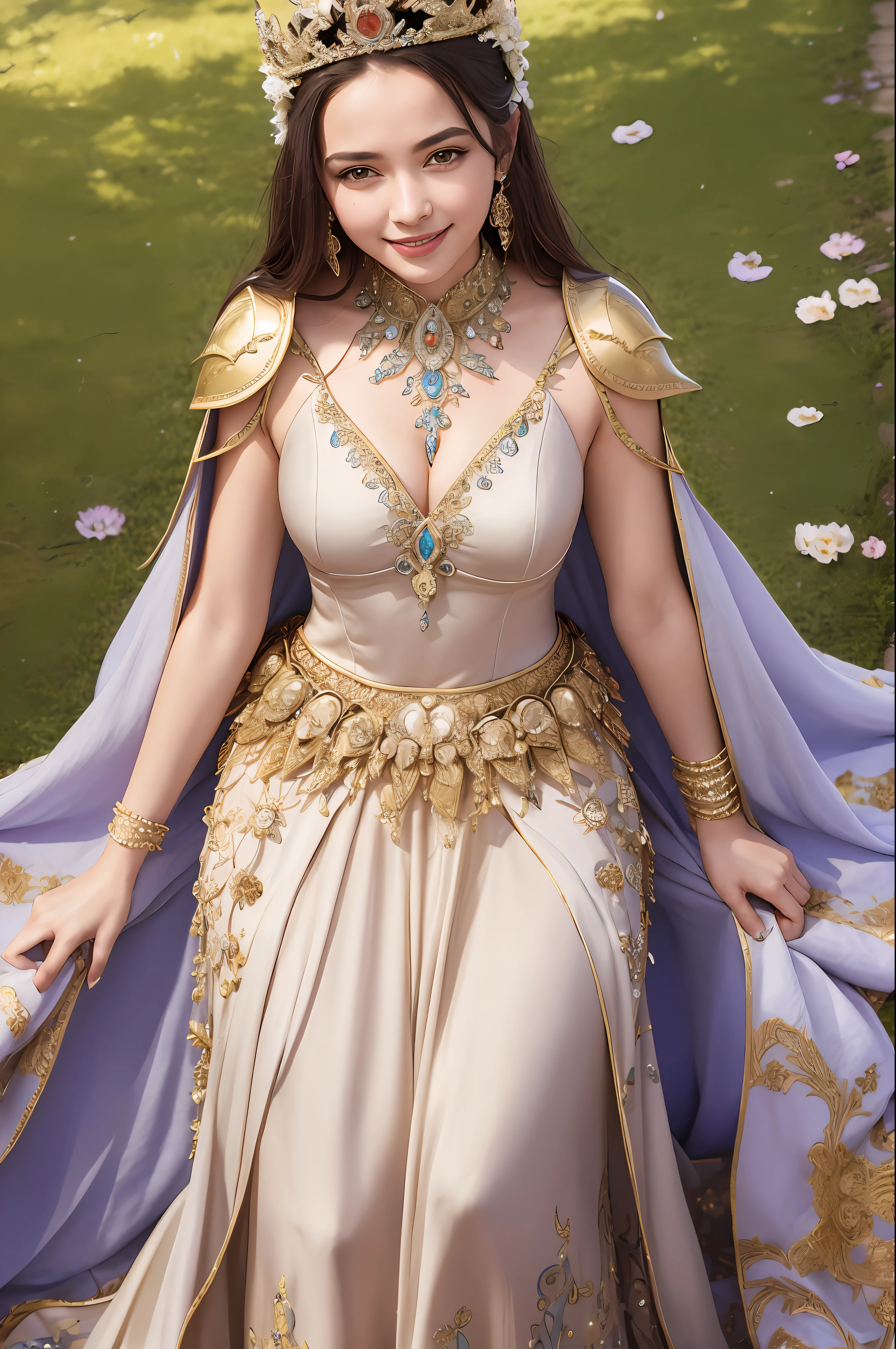 A beautiful girl, full body, queen's dress, crown, intricate armor, floral decoration, spelling, speaking, smile, behind arm, magic, power, d&d, soft edge light, spring, beautiful details sky, Adonna Khare, masterpiece, super high resolution, high quality, 4k, (realism: 1.2), photo,