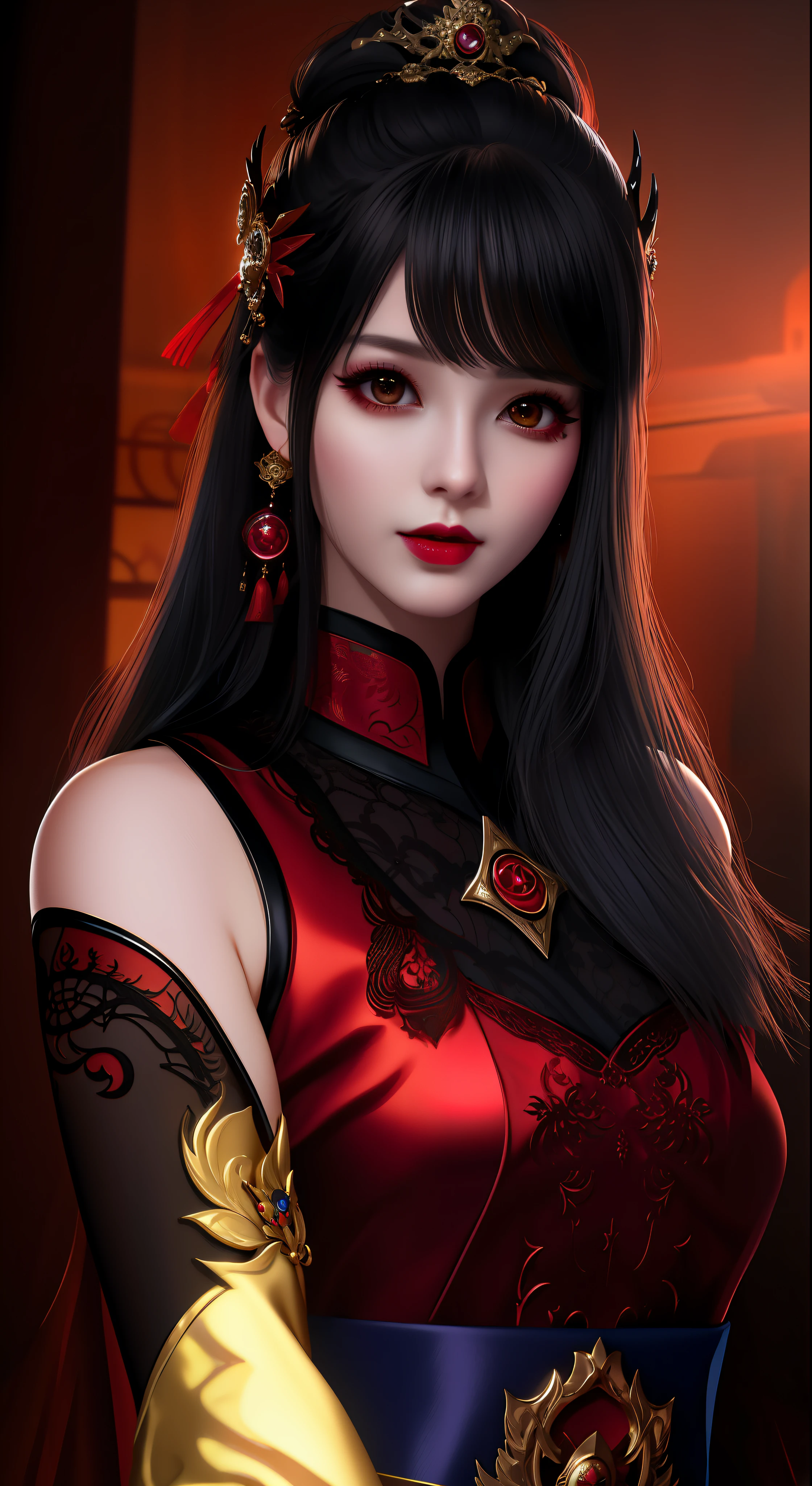 best quality, masterpiece, highres, 1girl, hanfu, white and even teeth, red irises, chinese underwear, hair ornaments, necklace, jewelry, crown jewelry. Pretty face, upper body, magic import style, tyndall effect, photo realistic, dark studio, border light, two tone light, (high detail skin: 1.2), 8k uhd, dslr , soft light, high quality, volumetric light, candid, Photo , high resolution, 4k, 8k, Bokeh, (light pink lips), 1 beautiful demon from hell, In the Dark: 1.6), surreal portraits of women by David Hockney and Alphonse Mucha, fantasy art, photorealism, dynamic lighting, station art, posters, volumetric lighting, highly detailed faces , super 8k, Awarded, in the dark, deep shadow, low light, cowboy lens, (Red phoenix shirt: 1.4), long hair, black hair, bust, luxury palace, Royal style family, devil's crown, red eyes with very sharp and detailed makeup, Best face, Very round and tight breasts, Surreal, chinese women's clothing, turtleneck polo lace top, charming smile, Beautiful eye makeup, guweiz, devil style, black lace stockings, ponytail with a bow at the back, dark red lips, Devil tattoo on shoulder, wearing a nightgown thin lace deep slit chest red black, lace cape, overcast and thunderous landscape, (Portrait), Close-up of main character, (Background detail 1.8),