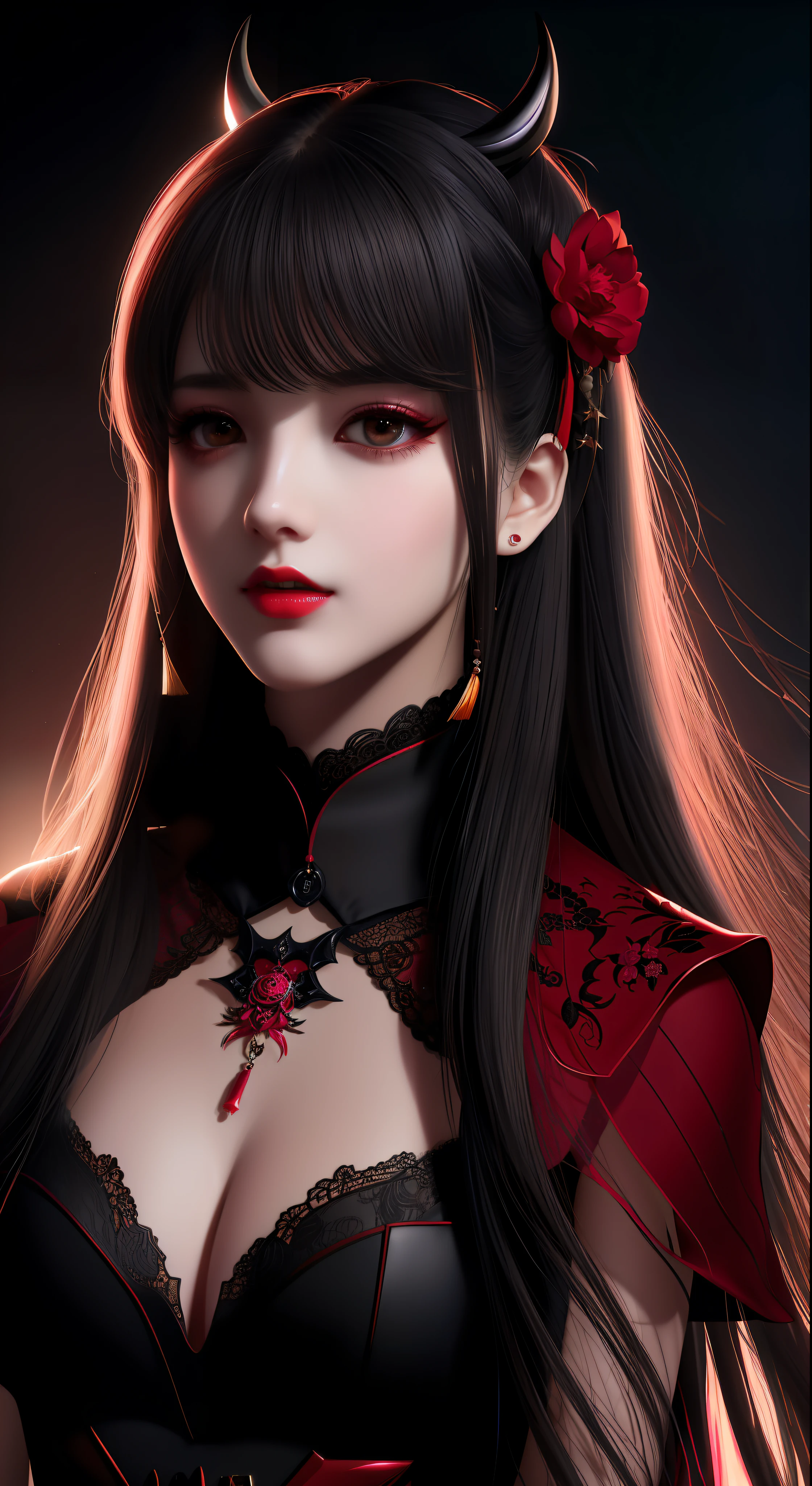 best quality, masterpiece, highres, 1girl, hanfu, white and even teeth, red irises, chinese underwear, hair ornaments, necklace, jewelry, crown jewelry. Pretty face, upper body, magic import style, tyndall effect, photo realistic, dark studio, border light, two tone light, (high detail skin: 1.2), 8k uhd, dslr , soft light, high quality, volumetric light, candid, Photo , high resolution, 4k, 8k, Bokeh, (light pink lips), 1 beautiful demon from hell, In the Dark: 1.6), surreal portraits of women by David Hockney and Alphonse Mucha, fantasy art, photorealism, dynamic lighting, station art, posters, volumetric lighting, highly detailed faces , super 8k, Awarded, in the dark, deep shadow, low light, cowboy lens, (Red phoenix shirt: 1.4), long hair, black hair, bust, luxury palace, Royal style family, devil's crown, red eyes with very sharp and detailed makeup, Best face, Very round and tight breasts, Surreal, chinese women's clothing, turtleneck polo lace top, charming smile, Beautiful eye makeup, guweiz, devil style, black lace stockings, ponytail with a bow at the back, dark red lips, Devil tattoo on shoulder, wearing a nightgown thin lace deep slit chest red black, lace cape, overcast and thunderous landscape, (Portrait), Close-up of main character, (Background detail 1.8),