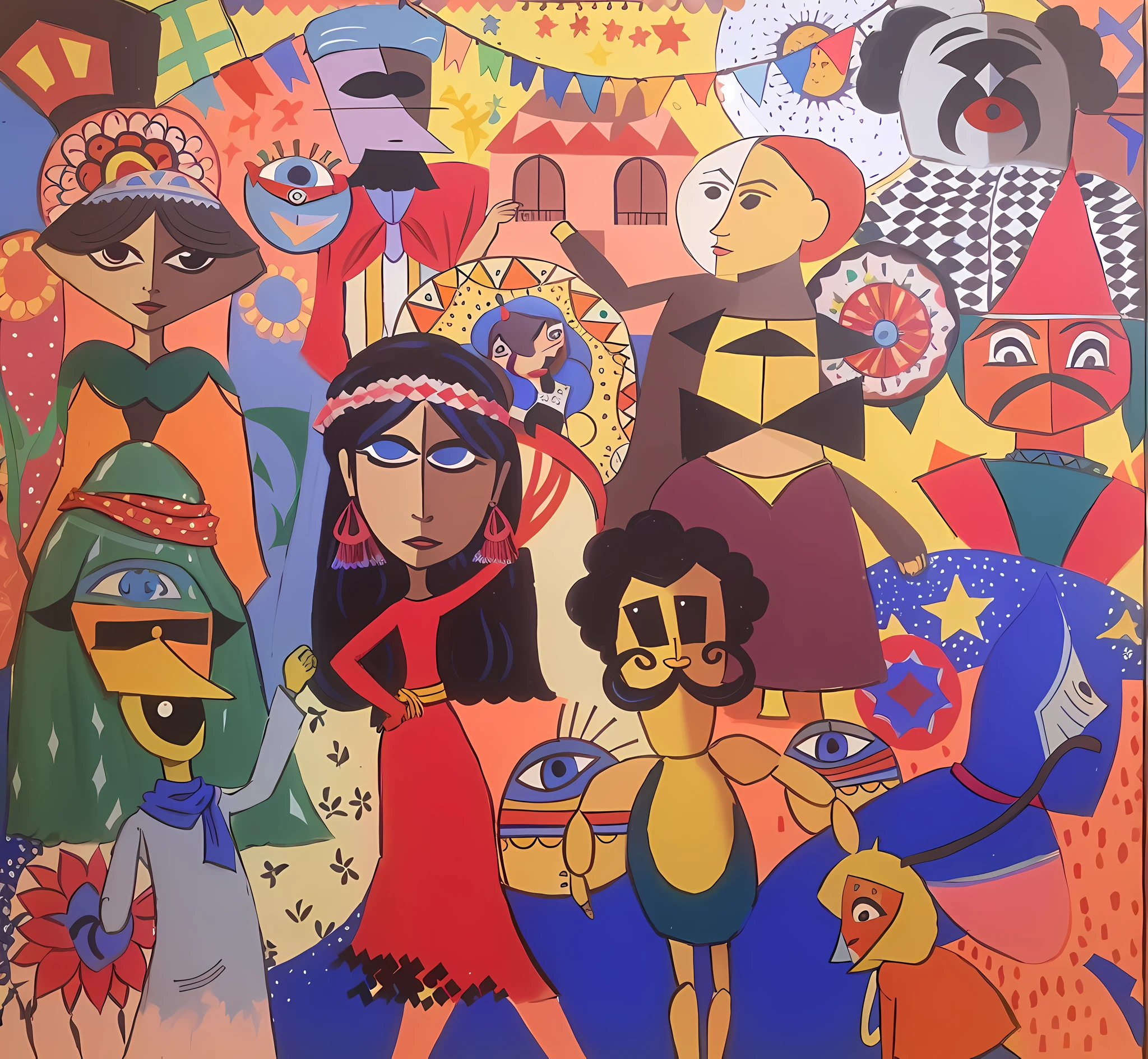 painting of a group of people with different faces and colors, inspired by Amadeo de Souza Cardoso, toyism, by Noe Canjura, inspired by Alice Bailly, by Ingrida Kadaka, inspired by M. F. Husain, fantasy acrylic on canvas, inspired by Francis Souza, inspired by Candido Portinari, by Arturo Rivera