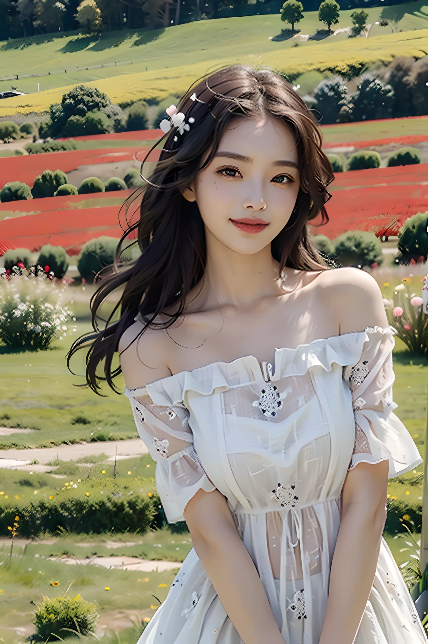 Best quality, masterpiece, ultra high res, (photorealistic:1.4), raw photo, 1girl,  shoulder, blossom flower field, glowing skin, light smile