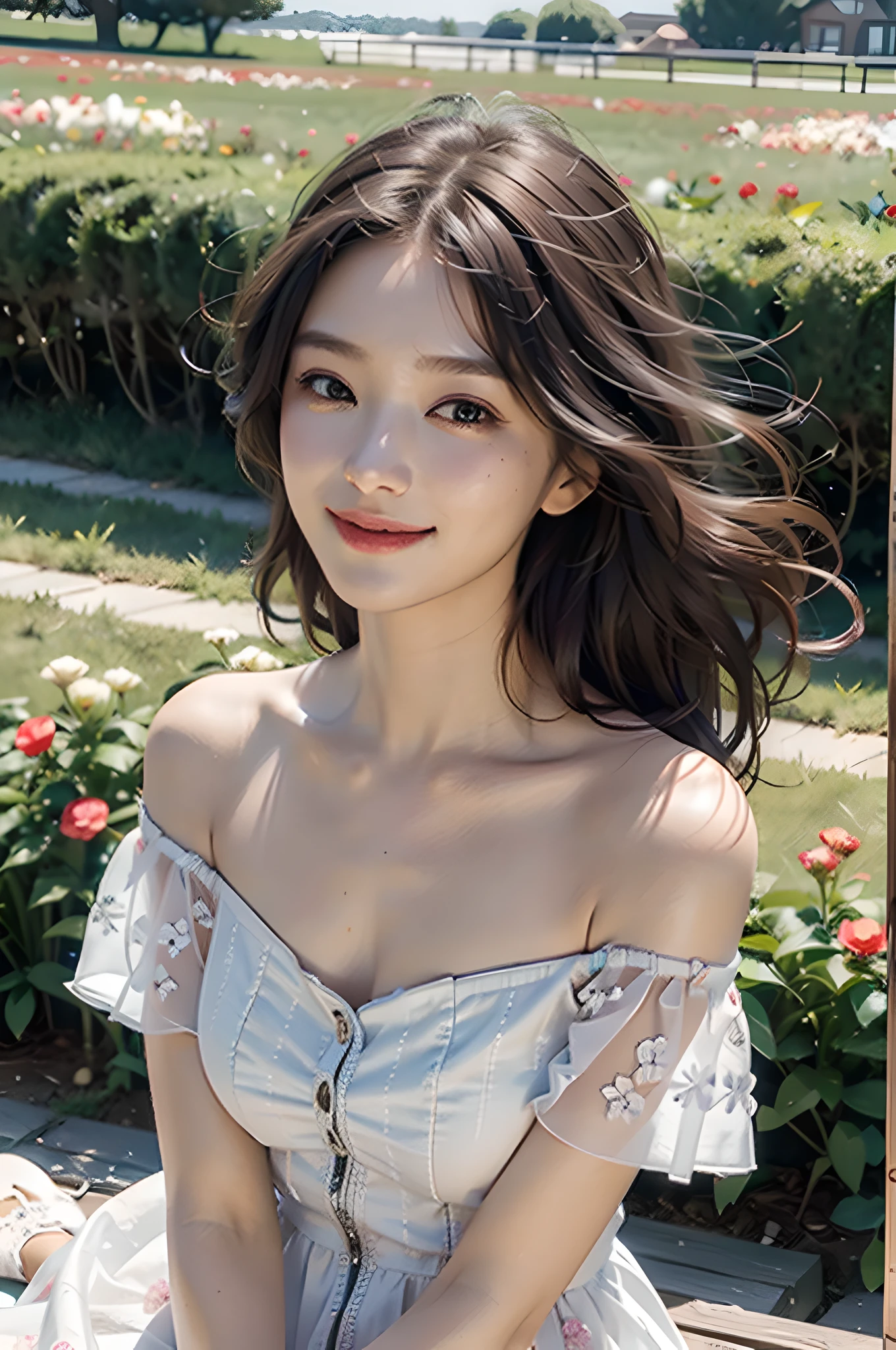 Best quality, masterpiece, ultra high res, (photorealistic:1.4), raw photo, 1girl, dress, off shoulder, blossom flower field, glowing skin, light smile