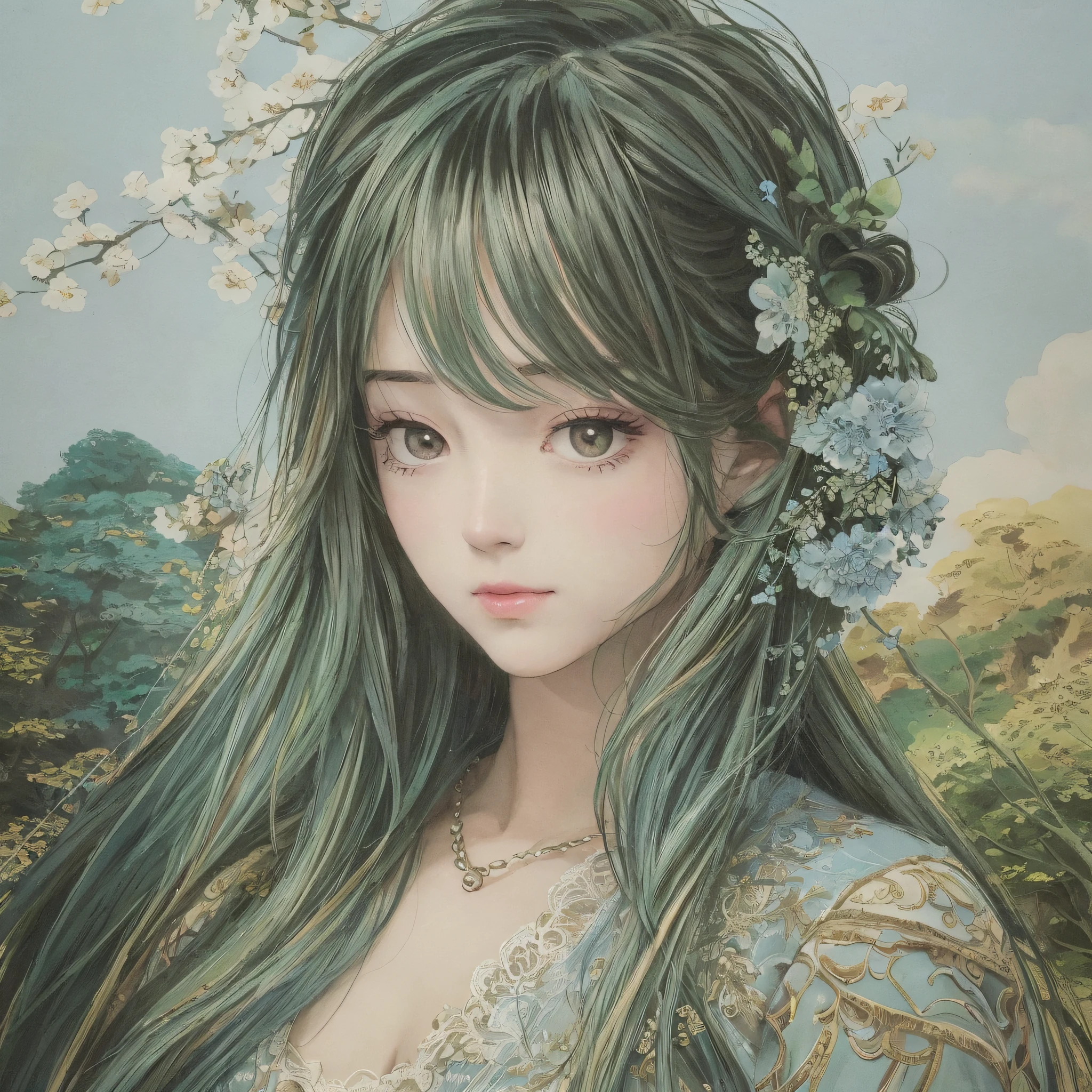 A landscape painting with a beautiful woman on the right --auto --s2