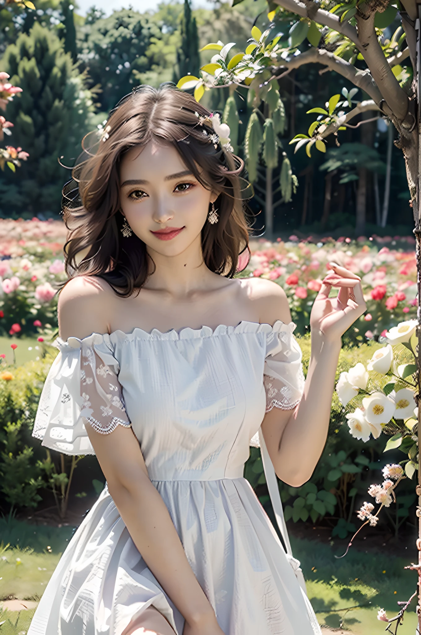 Best quality, masterpiece, ultra high res, (photorealistic:1.4), raw photo, 1girl, dress, off shoulder, blossom flower field, glowing skin, light smile