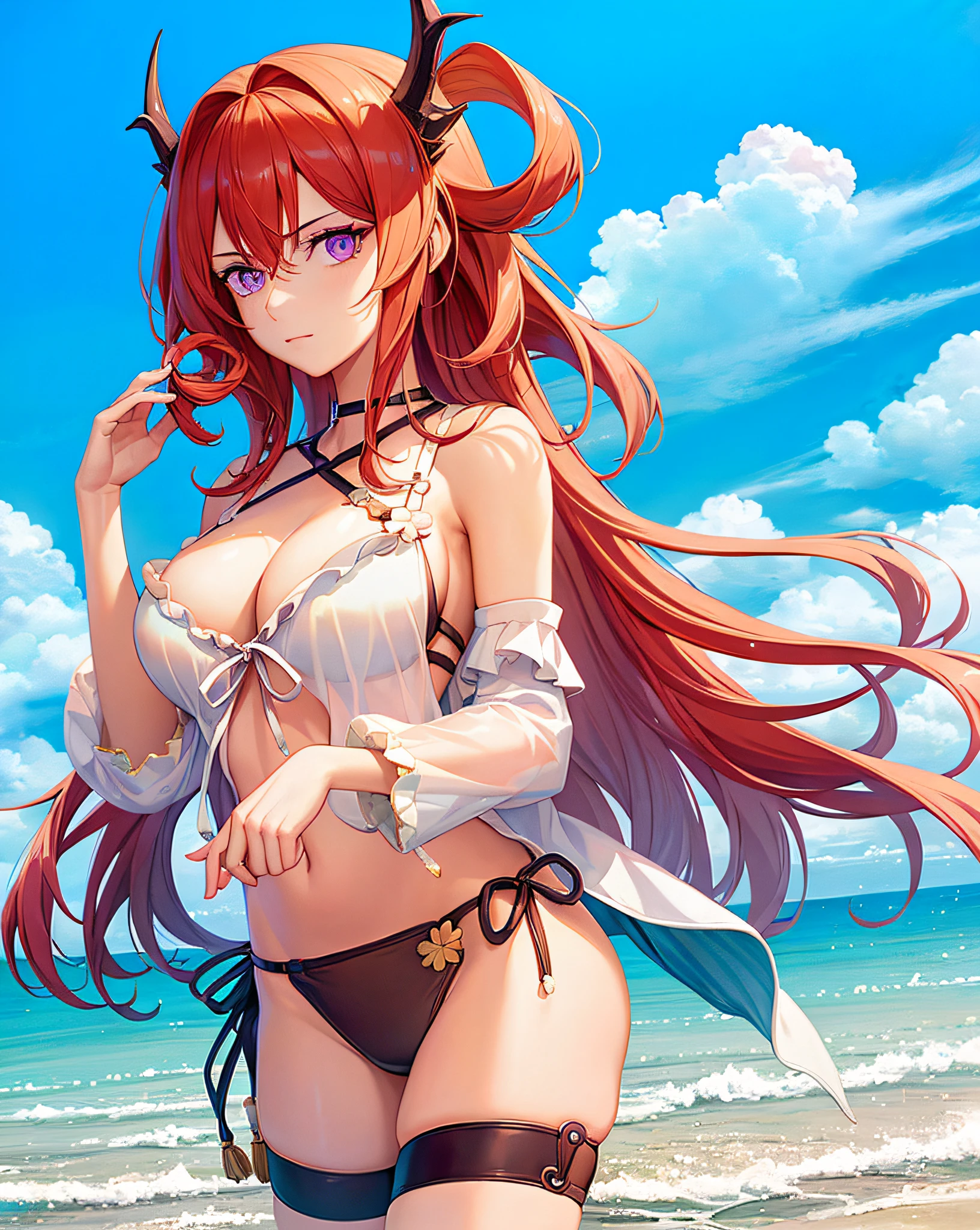 Masterpiece, Top Quality, Anime, Perfect Lighting, Elaborate Eyes, Elaborate Face, Elaborate Background, Good Hands, Full Body, One Girl, (Coral Coast), Coordinated Posture, Detailed Hands, (Skindentation: 1.3), (Realistic Face: 1.2), (8K), (4K), Detailed Eyes, Fantasy, Very Elaborate, Detachable Sleeves, Red Hair, Shorts, Women's Hairstyles, Masterpieces, Top Quality, Anime, Perfect Lighting, Fine Eyes, Detailed Face, Elaborate Background, Nice Hands, One Girl, Bangs, (White Bra, Calluses), (Watching Viewer, Upper Body, Solo Focus, Portrait, Cleavage, Big Breasts, Necklace, Bikini Top, Bikini Bottom), Arm Back, Bottomless, Micro Panties, Topless, Crop Legs