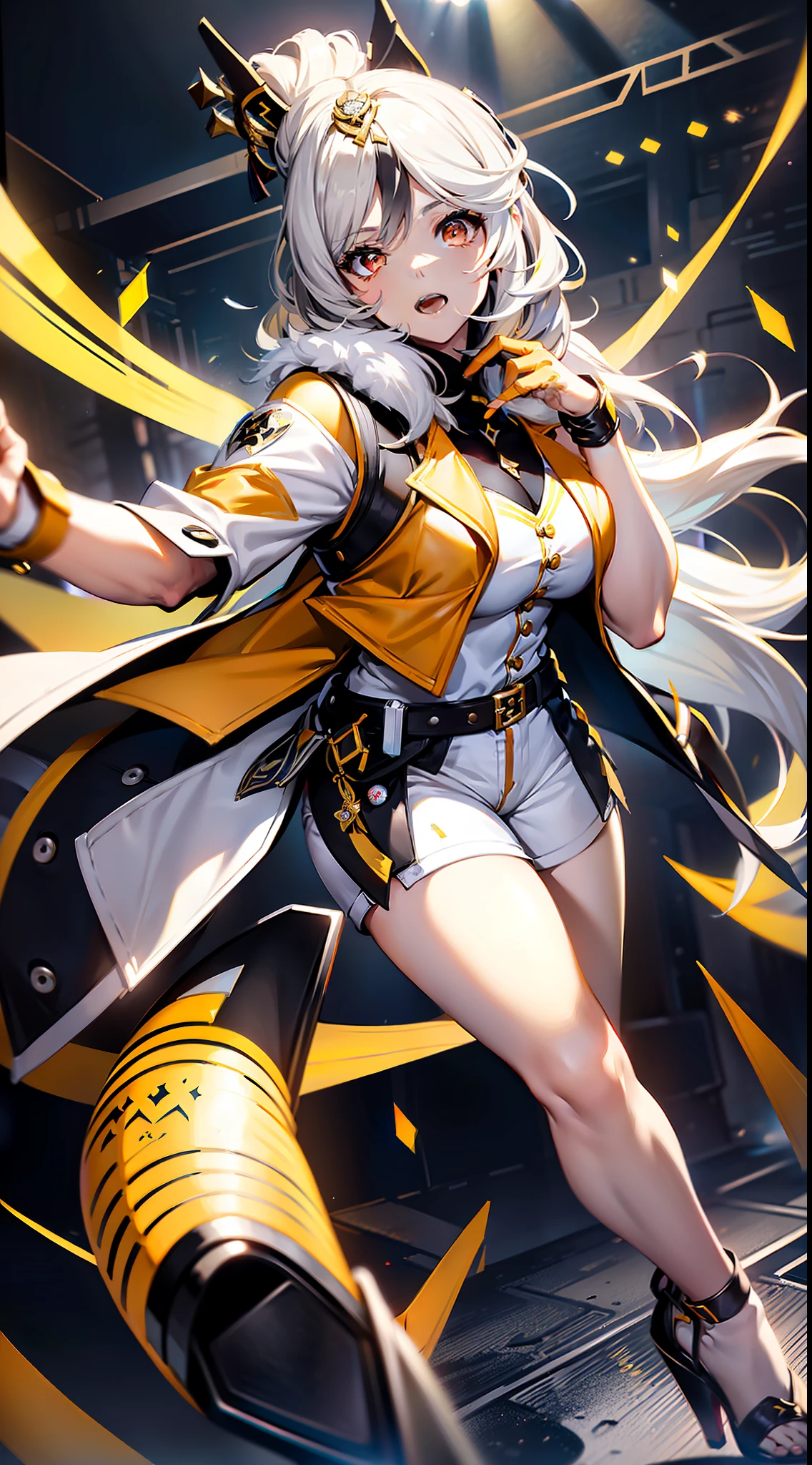 Singing and dancing singer, ((Genshin), (staring light)), long white hair, red eyes, confident expression, {clothing description: (yellow leather jacket), (white vest), (white shorts), (bare legs), (yellow high heels)}, (pure gray background), ((full body shot))