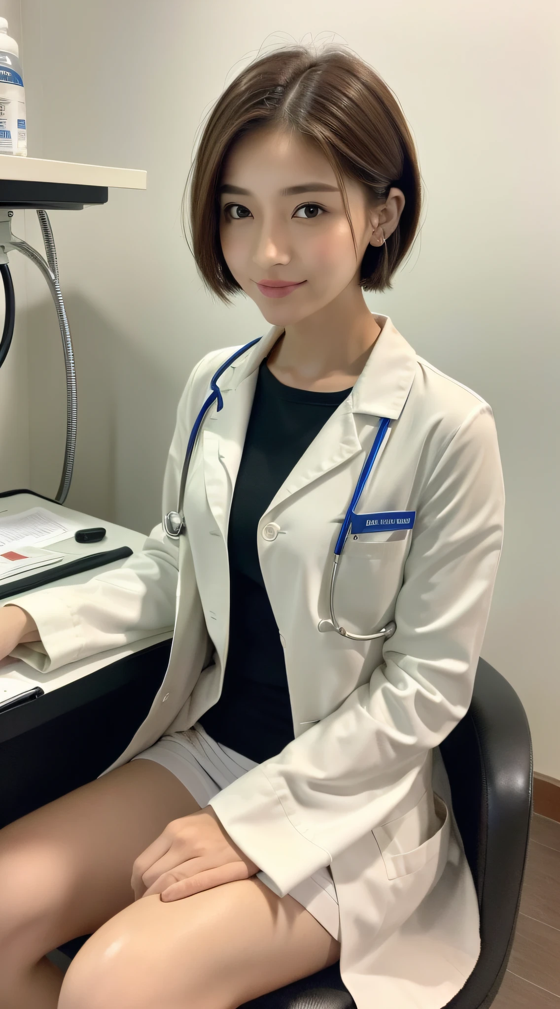 ((Top Quality, 8k, Masterpiece: 1.3)), Sharp Focus, One Girl, (Slim Beauty: 1.2), Brown Hair, Delicate Hair, (Big: 1.5), (Layer Cut), Detailed Eyes, Double Eyelids, Cute Serious Smile, Close Mouth, (Cute), (Full Body), Ultra Realistic, (Detailed Female Doctor White Coat, Tight Skirt), Detailed Hospital Room, (Beautiful Short Hair Female Doctor Giving Detailed Examination) Sitting in a chair, legs closed, looking at camera
