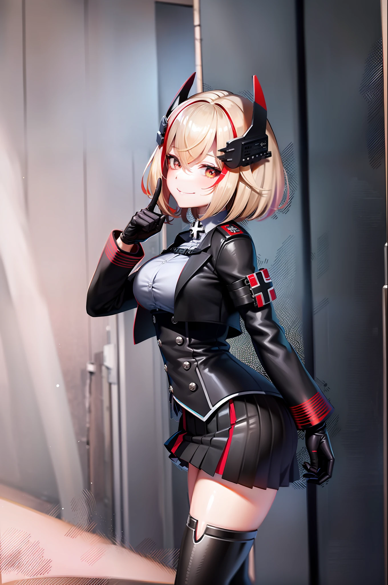 masterpiece, best quality, RoonV4, 1girl, solo, looking at viewer, smile, skirt, shirt, gloves, long sleeves, closed mouth, standing, jacket, upperbody, sidelocks, pleated skirt, boots, black gloves, collared shirt, miniskirt, black skirt, black footwear, black jacket, buttons, headgear, knee boots, cross, armband, grey shirt, cropped jacket, iron cross,
