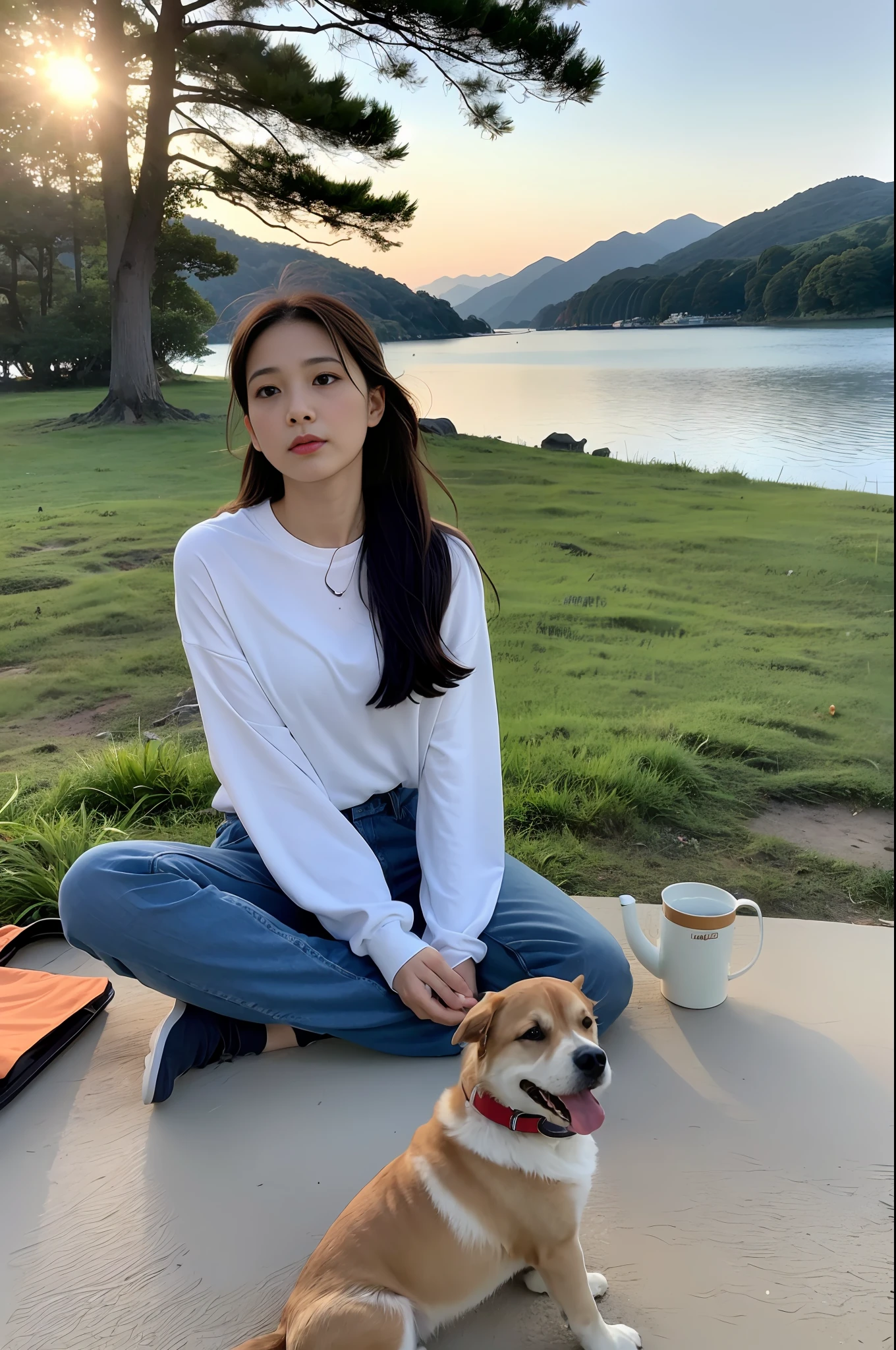 A photo about camping, One person and one dog sat by the campfire, The man drank tea leisurely, The dog sleeps quietly on the side, body extentions, in the style of naturalistic poses, In the evening, At the lake's edge, Mountains in the distance, There is a moon in the night sky, Hideaki Hamada's color grading style, Air perspective, natural light, Very realistic, Fujifilm XT4, wide angle lens, 32k, from below, panorama, perspective, Fujicolor, super detail, best quality