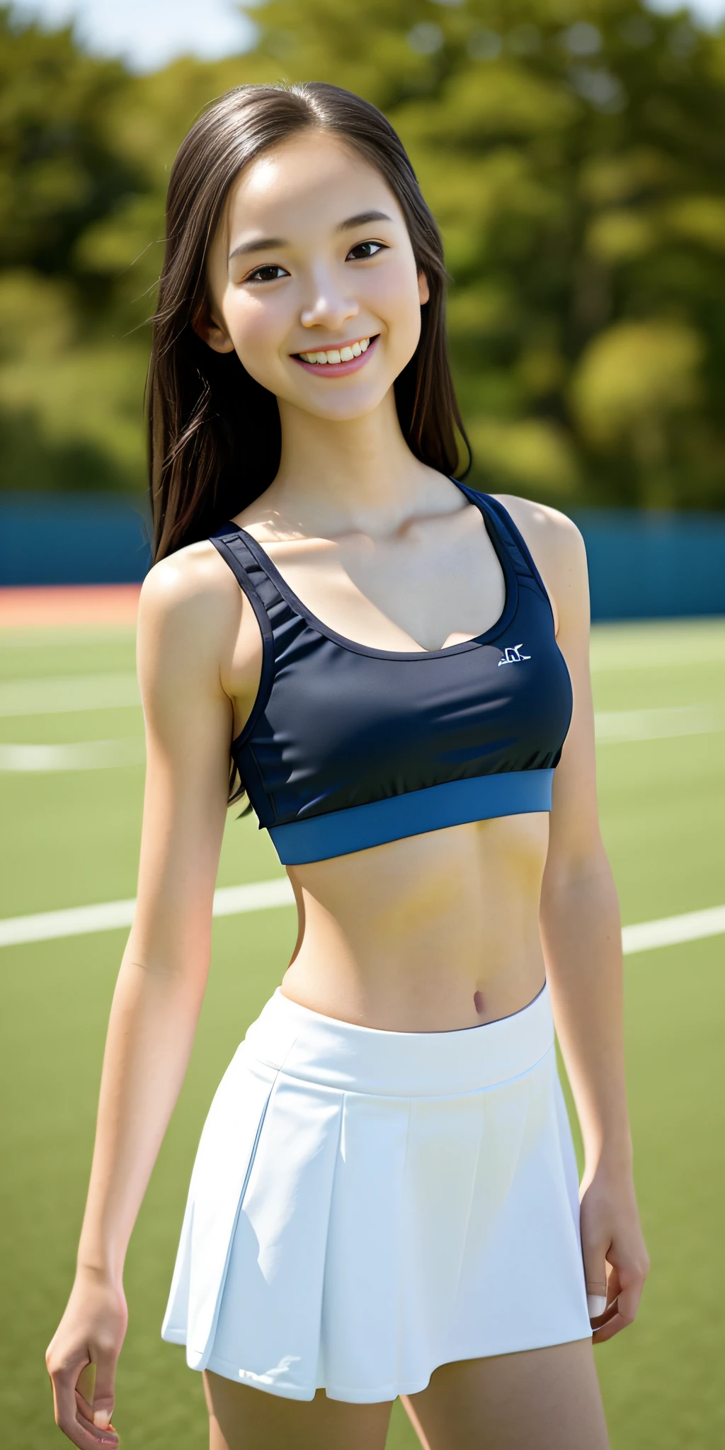 Neat college girl, petite person, (skirt, sports bra), outside the athletic field, (slim), photorealistic, detail, skin texture, ultra detail, delicate sexy collarbone, smile, super detailed face, detailed lips, detailed eyes, small breasts, small, small breasts, small, flat breasts, flat