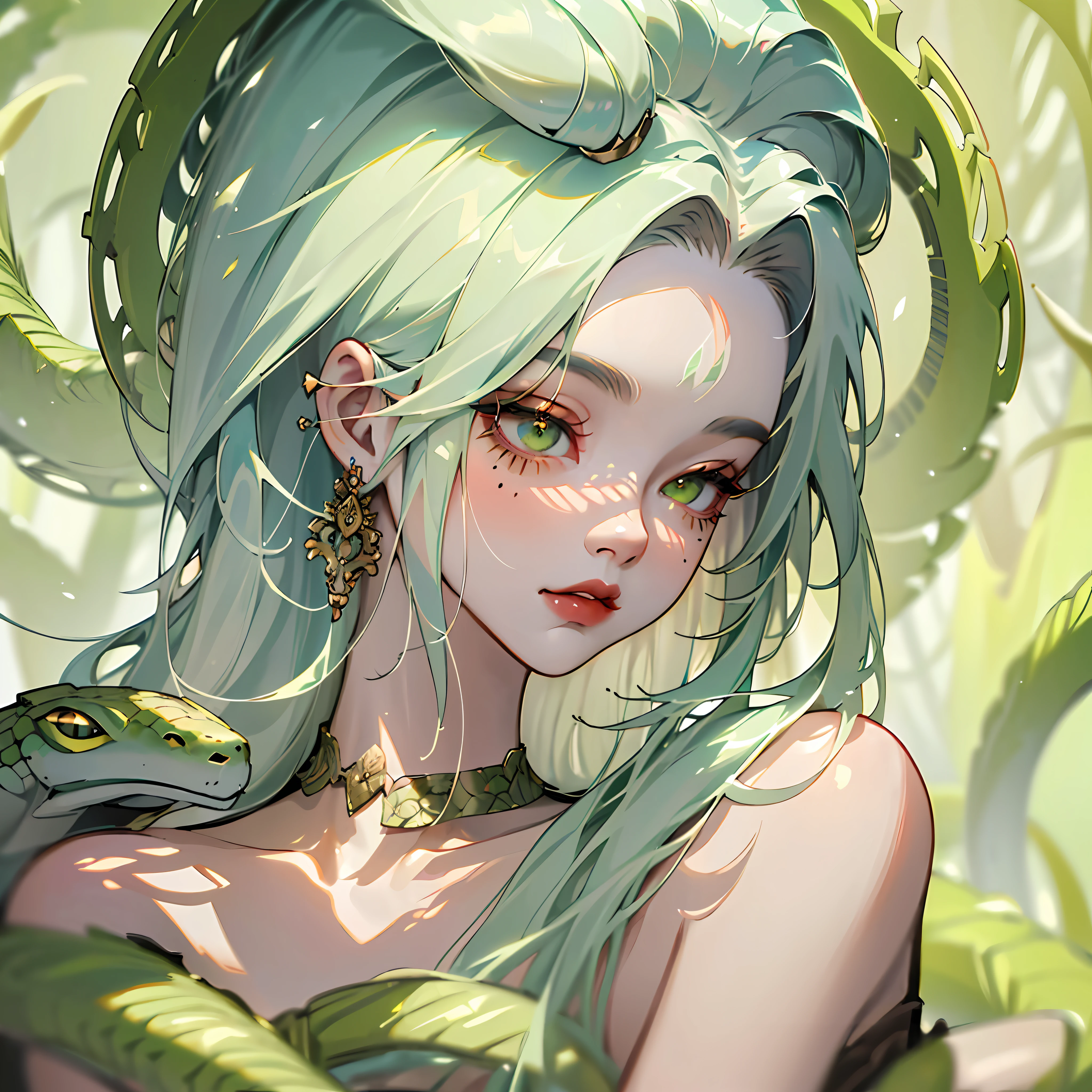 ((best quality)), ((masterpiece)), ((realistic)), Medusa, full body, the hair is composed of countless small snakes, green eyes, female face, metal carved top, royal aura, trend on artstation , sharp focus, studio photo, intricate detail, very detailed, detailed eye, illustration, very detailed, sharp focus, digital render, professional, 4k --auto --s2