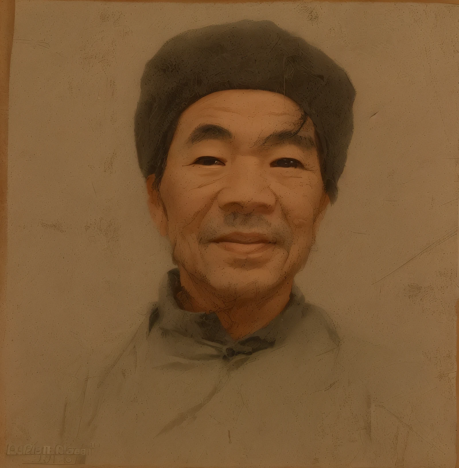 Portrait of a middle-aged Asian man, Portrait of a real person, Realistic portraits, Detailed facial expressions, Wrinkles of details, With a black hat, brown hair, smile, smile, UHD, textured skin, best quality