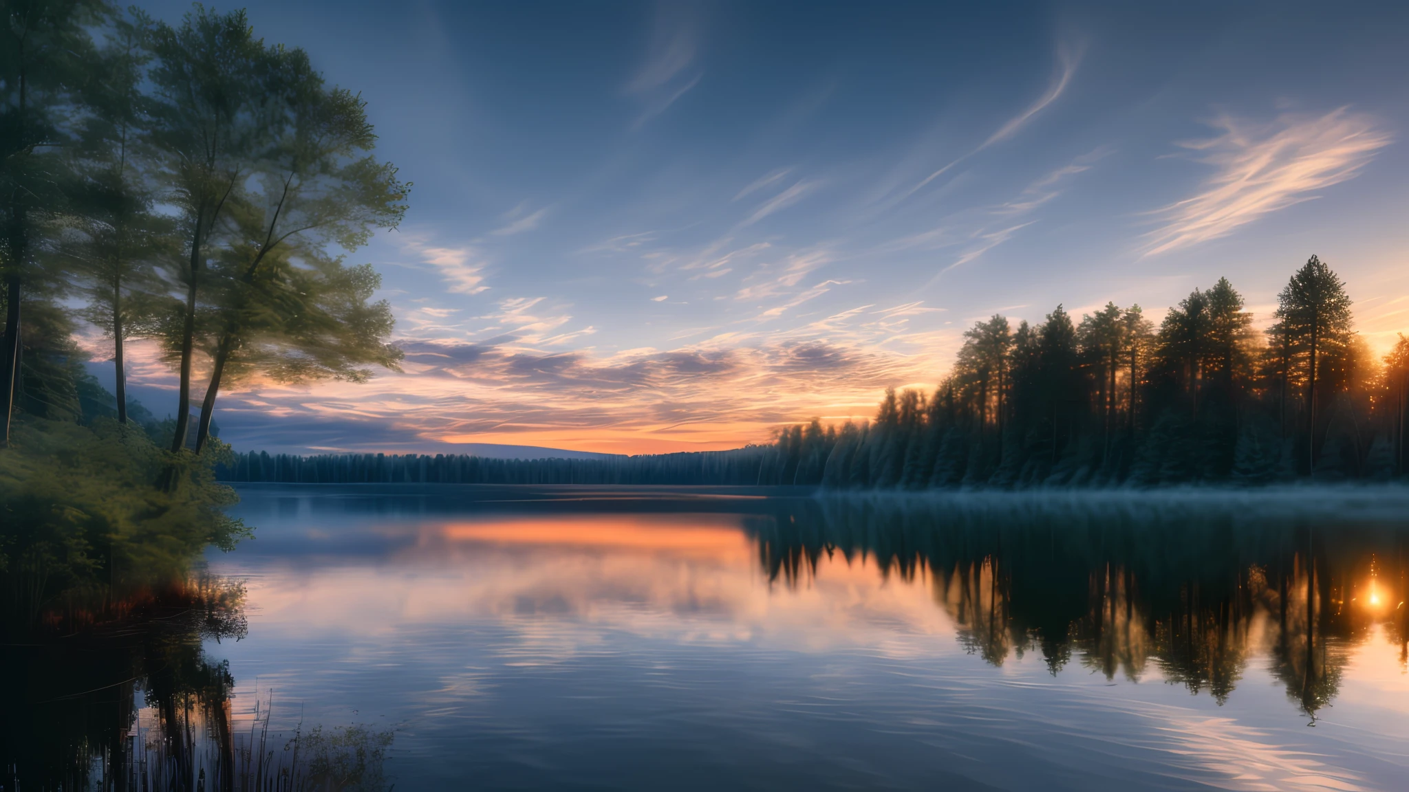 wallpaper, summer, lake, dawn, forest, detailed forest, clouds, masterpiece, cinematic, soft light, depth of field, ray tracing, reflection in water, realism, ulra detailed,