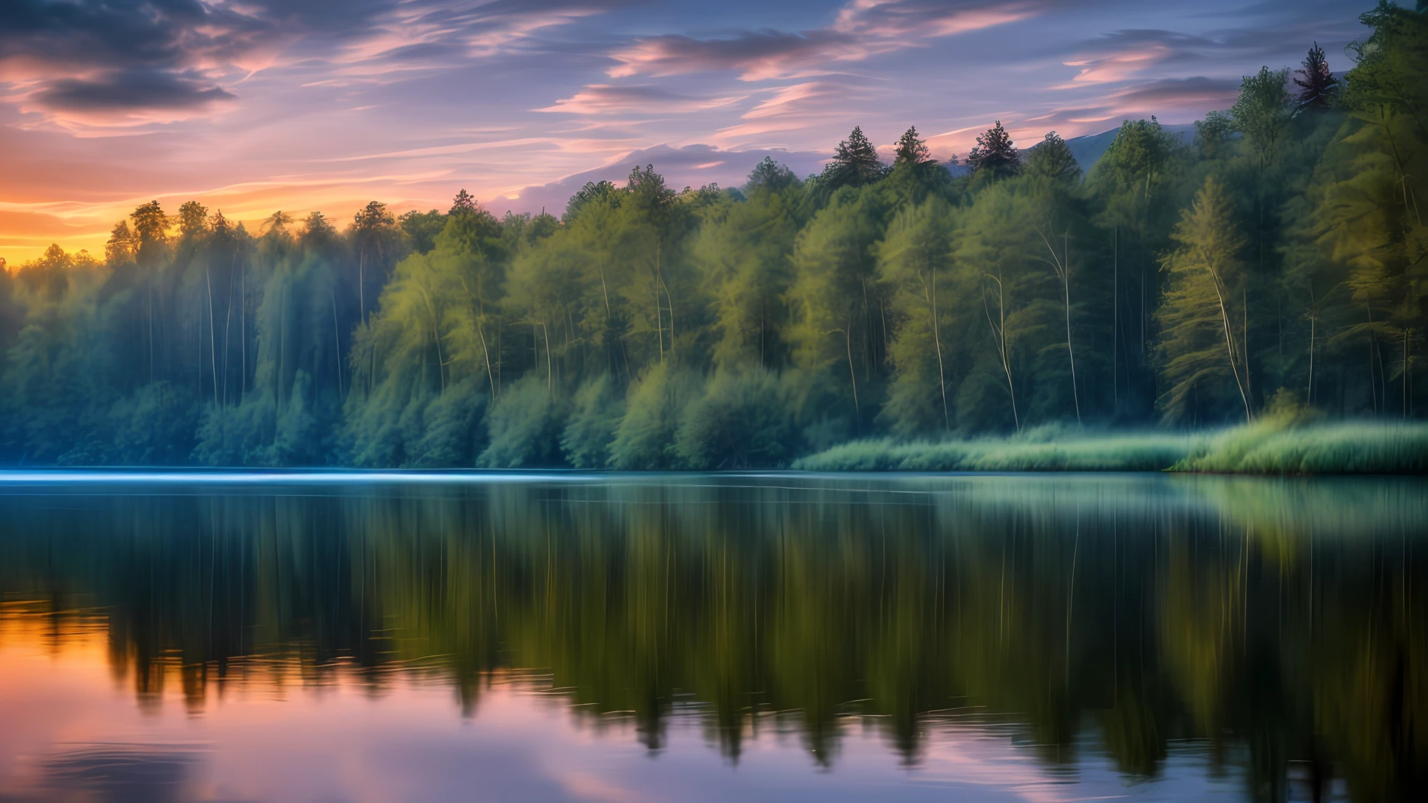 wallpaper, summer, lake, dawn, forest, detailed forest, clouds, masterpiece, cinematic, soft light, depth of field, ray tracing, reflection in water, realism, ulra detailed,