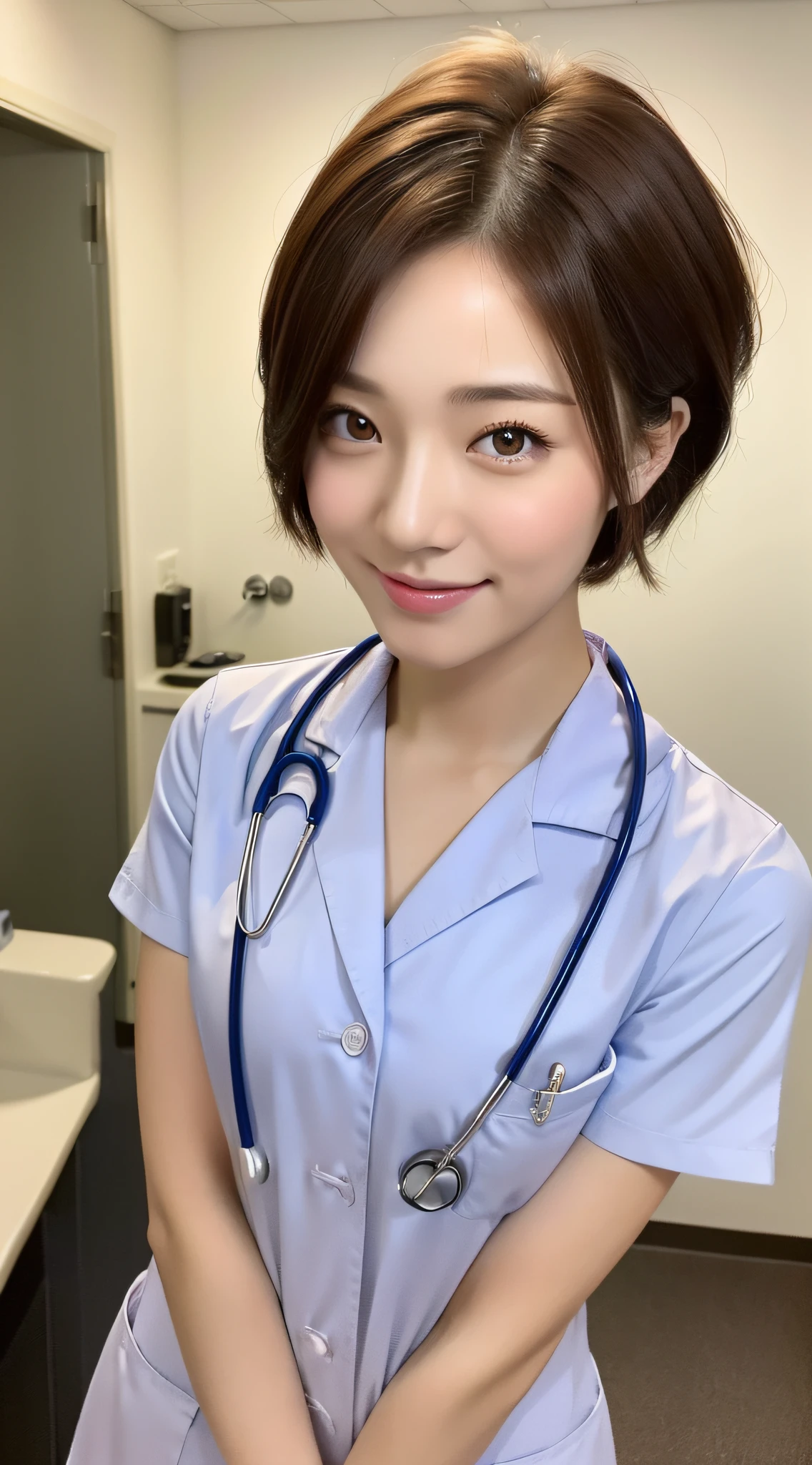 ((Top Quality, 8k, Masterpiece: 1.3)), Sharp Focus, One Girl, Slim Beauty: 1.2, Brown Hair, Delicate Hair, (Big: 1.5), (Layer Cut), Detailed Eyes, Double Eyelids, Pretty Smile, Close Mouth, (Cute), Soft Skin, (Full Body), Ultra Realistic, Detailed Hospital Room, (Cute Short Hair Female Doctor Comes to Detailed Rounds), (Detailed Female Doctor Uniform)