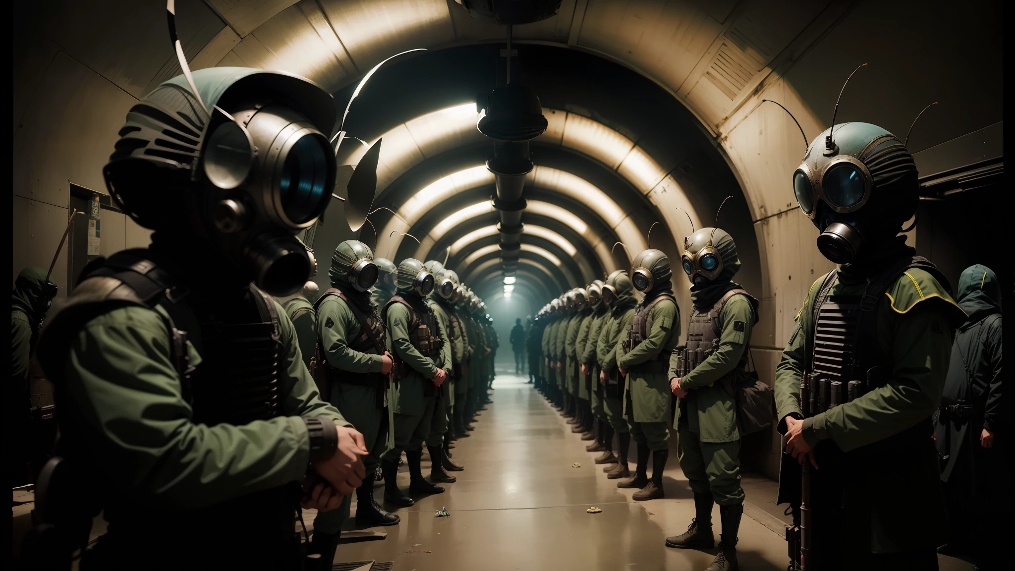 there are many people in gas masks standing in a tunnel, portrait of a alien insect, cinematic environment, yasuke 5 0 0 px models, pale blue faces, big moths, tournament, group, set photograph, visual key, buggy, apartment complex made of tubes, in costume --auto --s2
