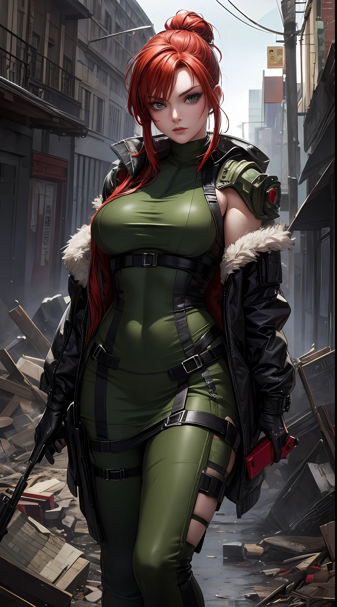 Masterpiece, best quality, sexy beautiful woman, red hair with a bun, green beautiful eyes, in a stalker costume, looking for supplies in a dead and abandoned city