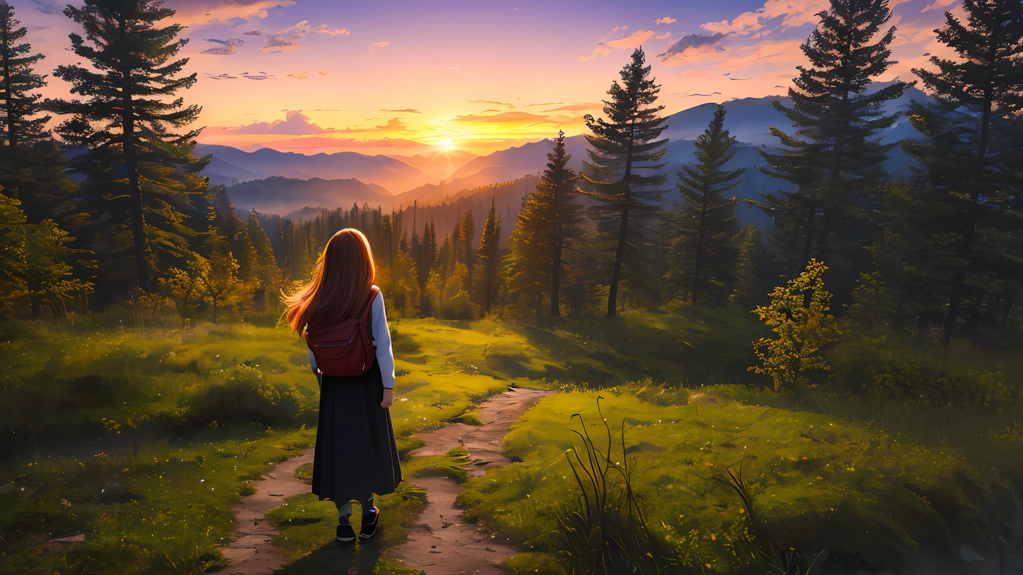 ((masterpiece,best quality,ultra detailed,ultra high res,detailed background)),sunrise,forest,impressive,chill,inspirational,1girl,facing away