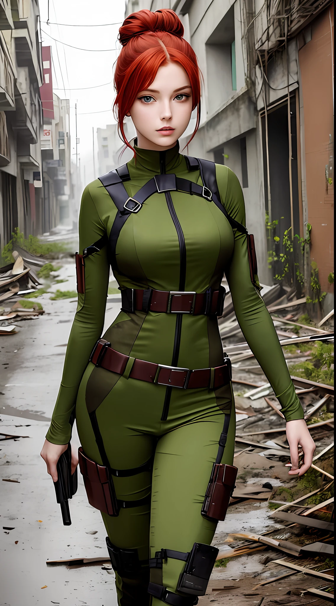 Masterpiece, best quality, sexy beautiful young woman, red hair with a bun, green beautiful eyes, in a stalker costume, looking for supplies in a dead and abandoned city
